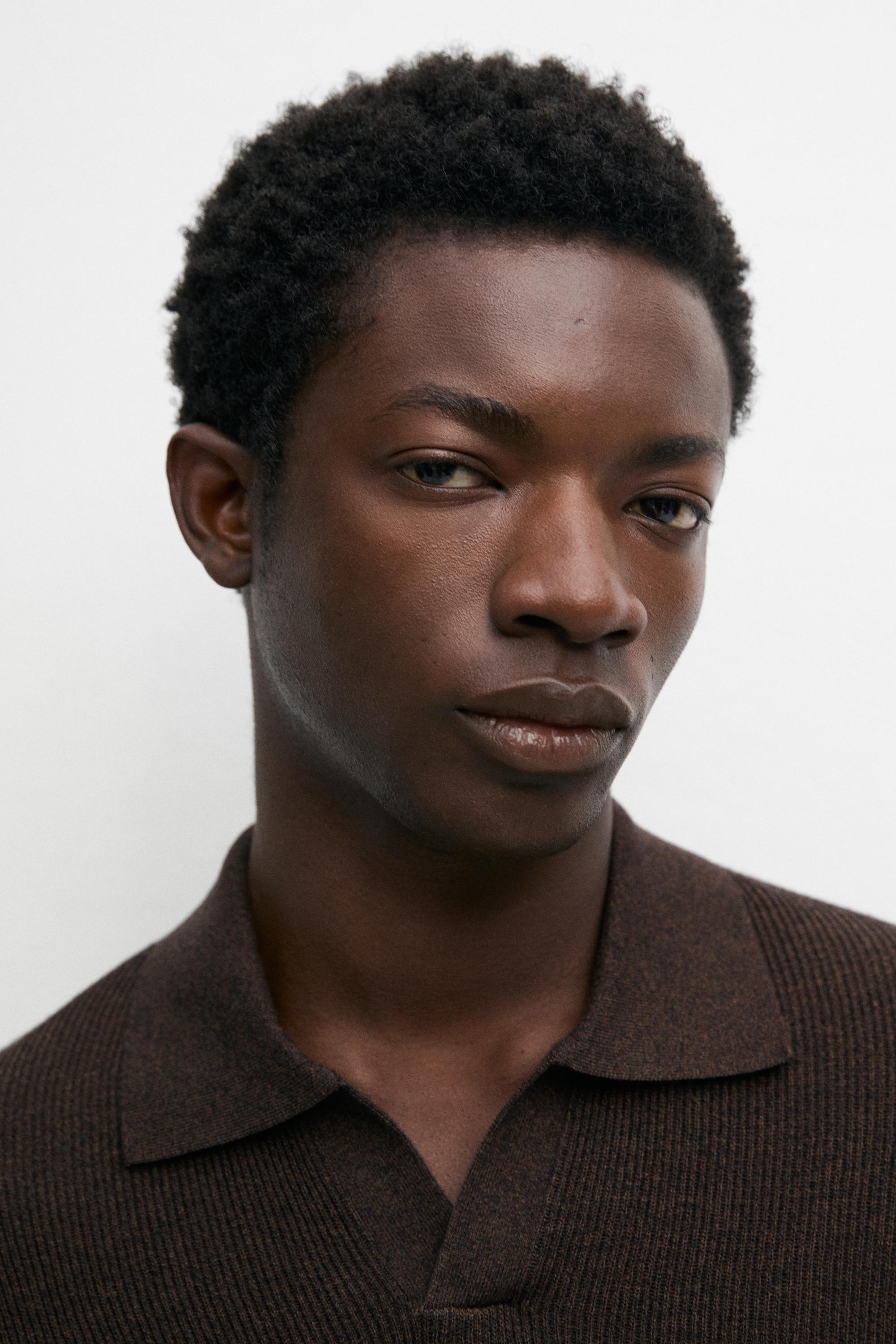 Cotton blend knit polo sweater — BROWN