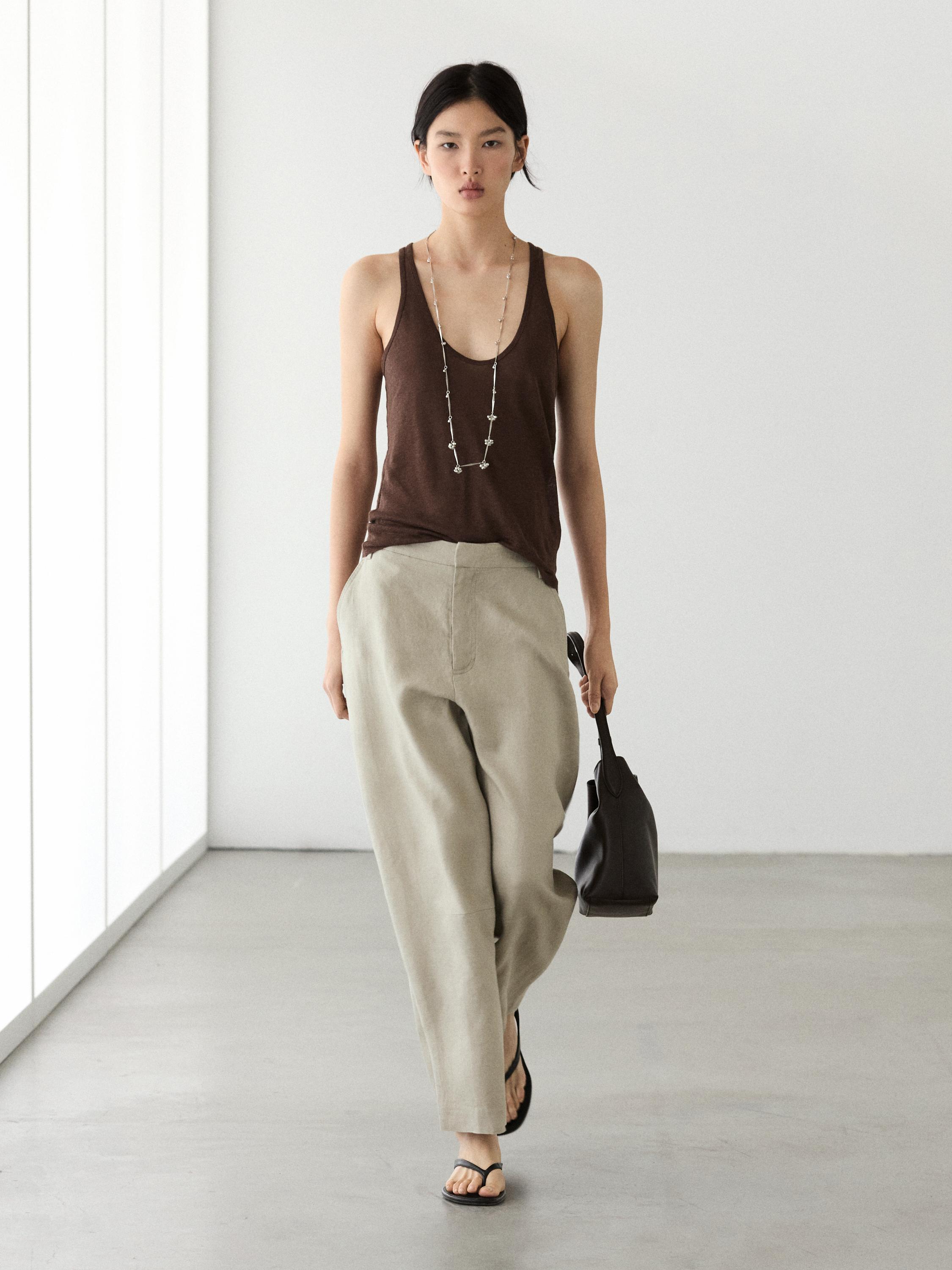 Flowing 100% linen trousers — STONE