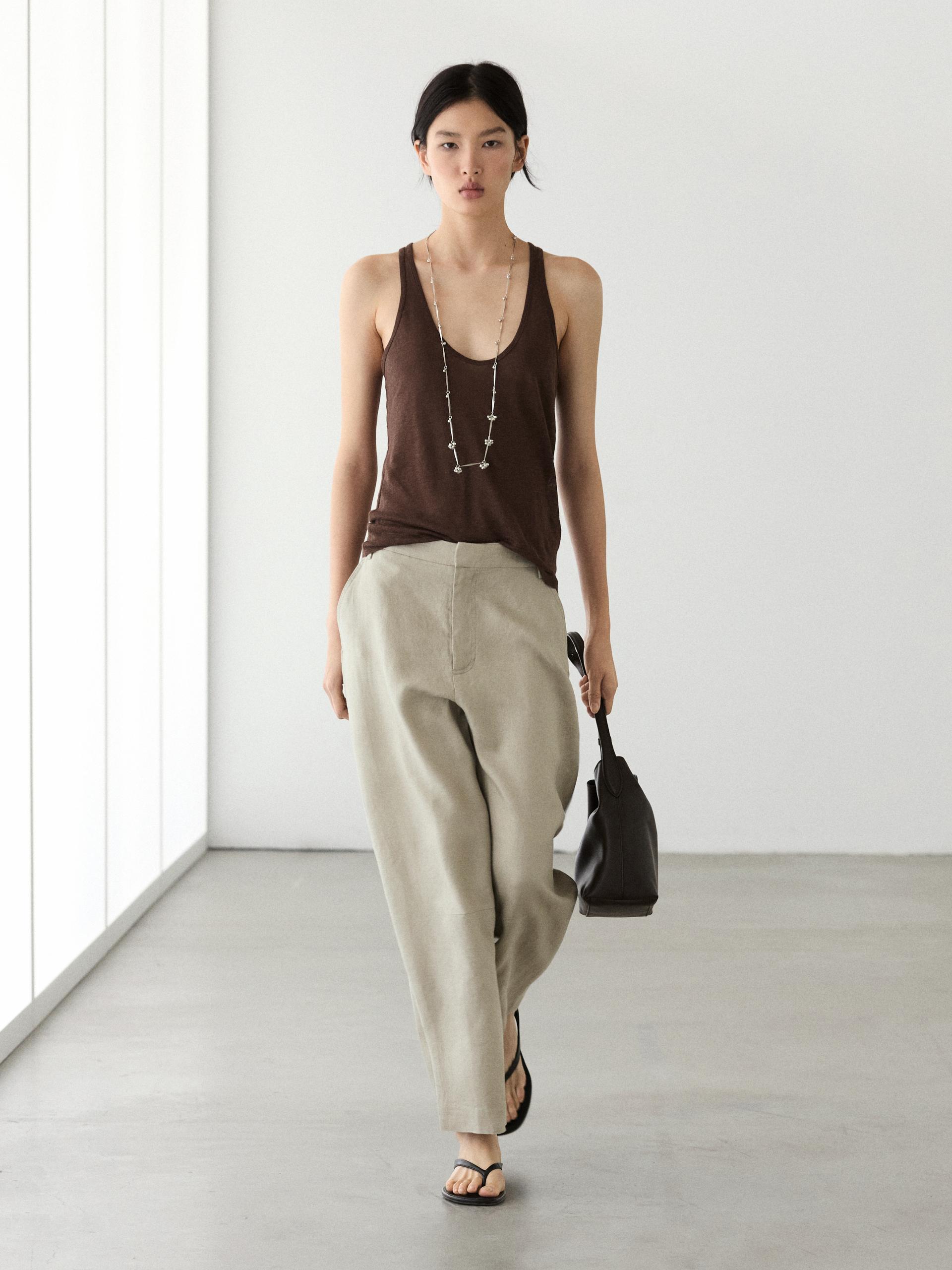 Pantalón Fluido 100% Lino - Piedra - 34 - Massimo Dutti - Mujer