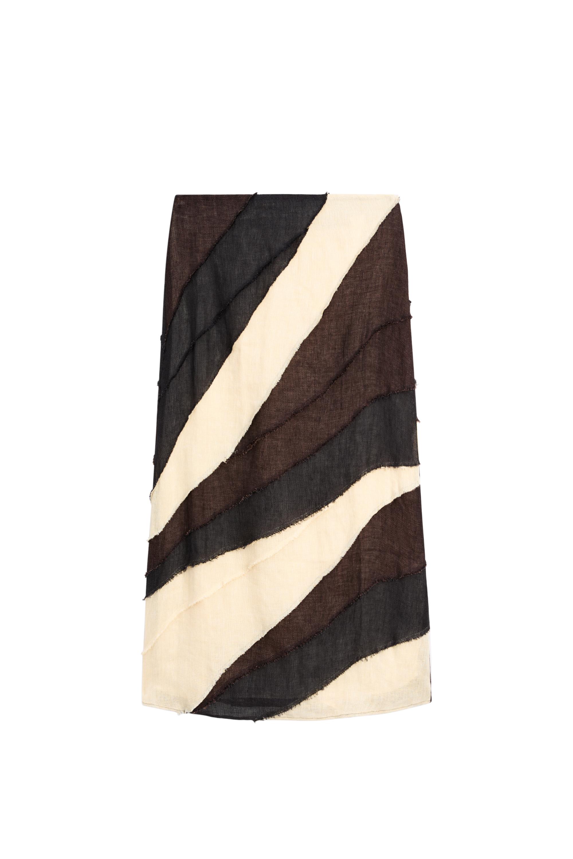 Layered contrast linen midi skirt — BROWN