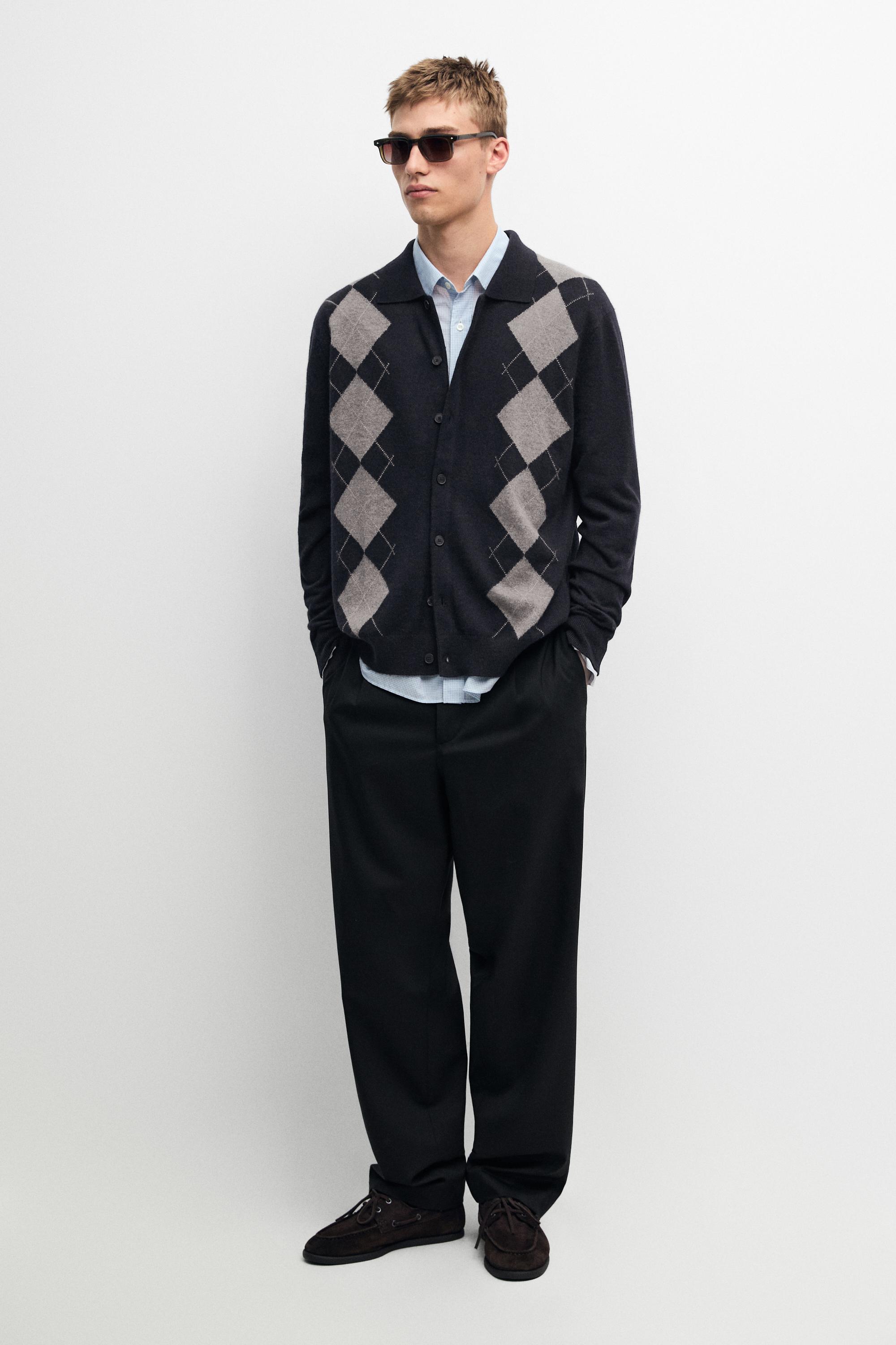 100% cashmere argyle knit cardigan — NAVY BLUE