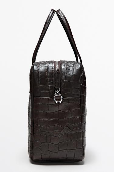 Medium leather textured duffle bag — BROWN 4
