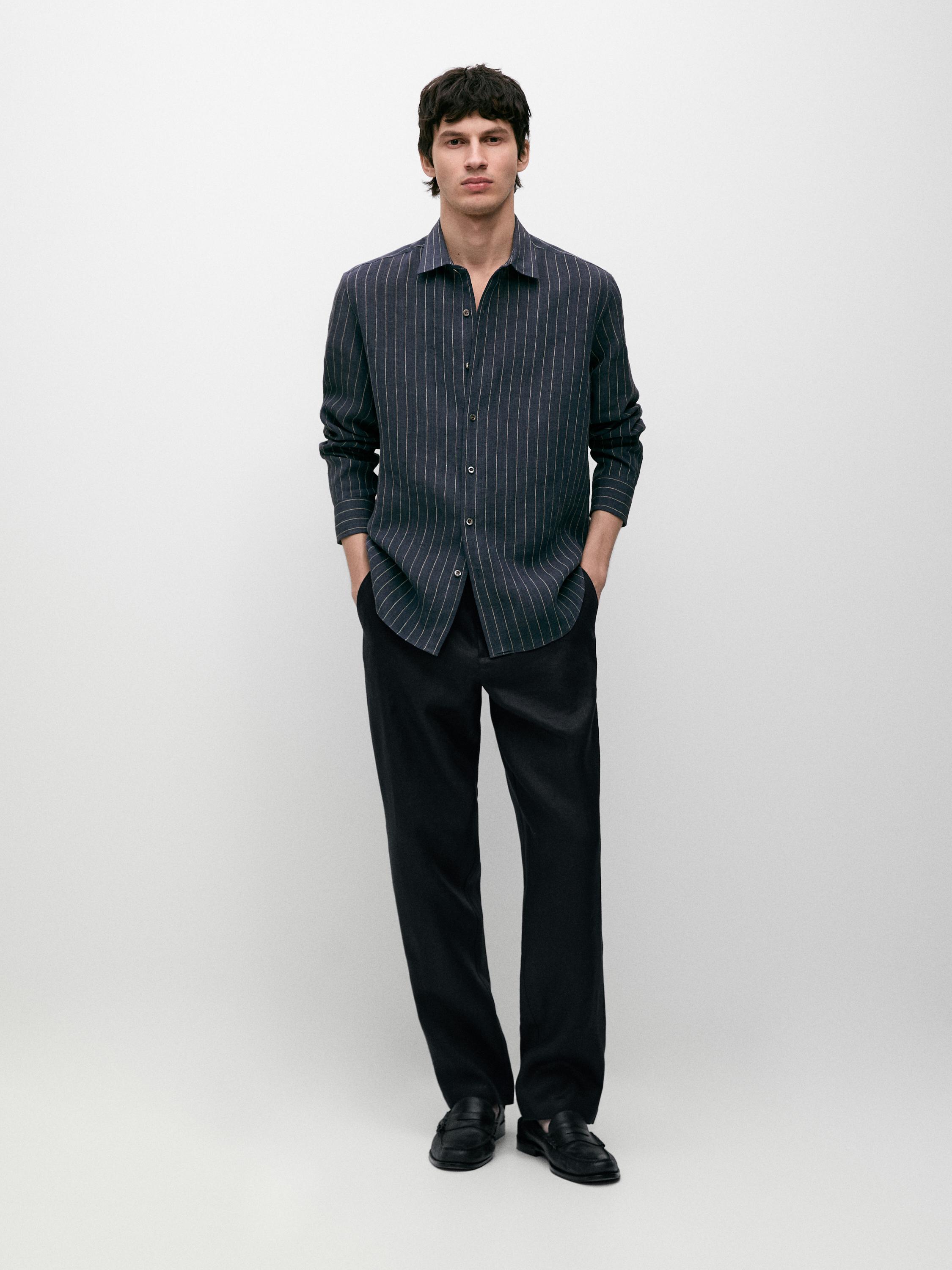 Tapered fit linen pants — NAVY BLUE
