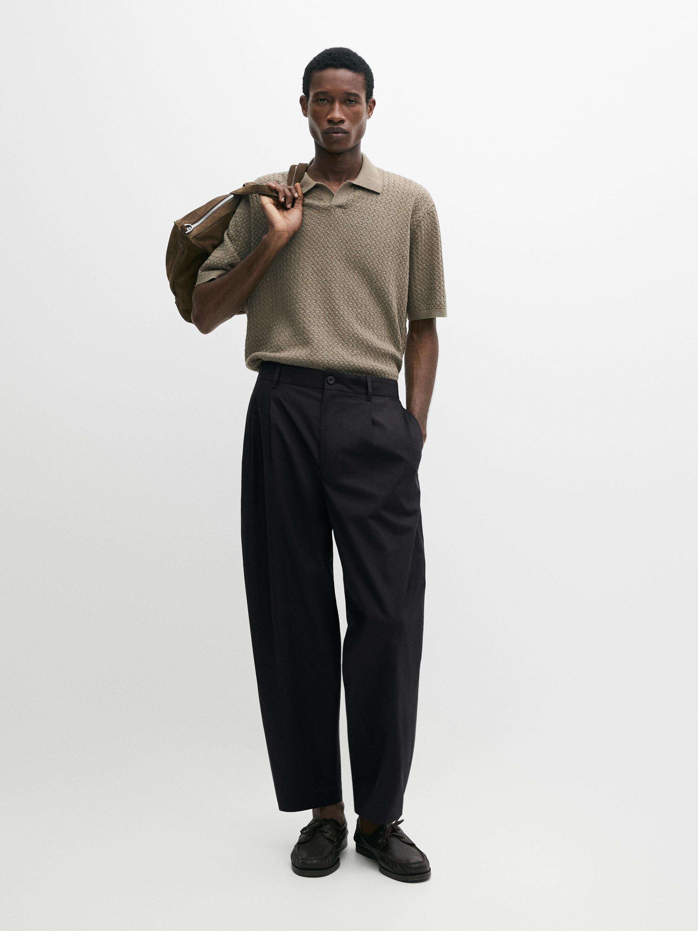 Cable-knit V-neck polo shirt