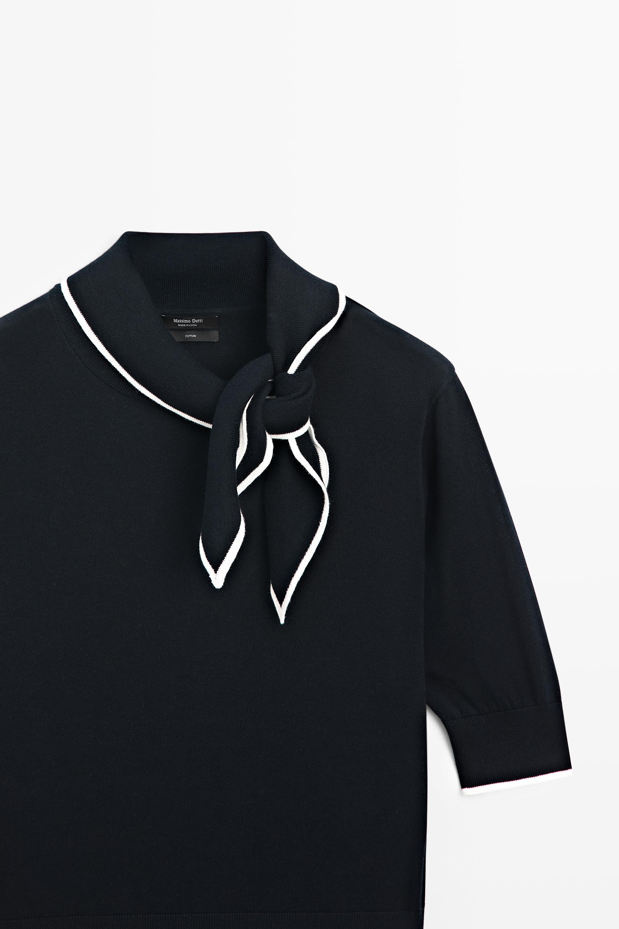 100% cotton knit sweater with scarf detail — NAVY BLUE