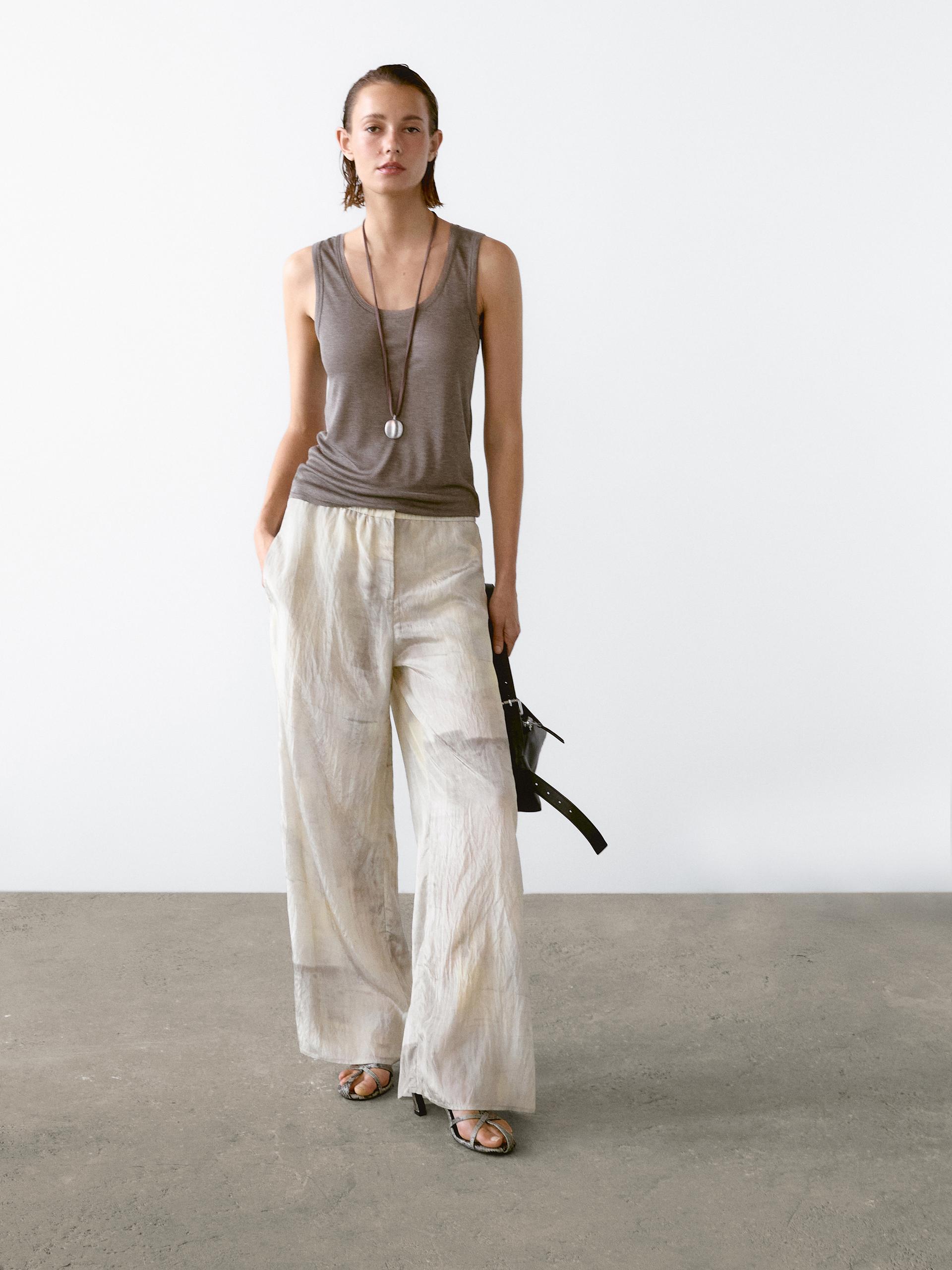Pantalon Droit Fluide Imprimé - Bleu Gris - M - Massimo Dutti - Femme