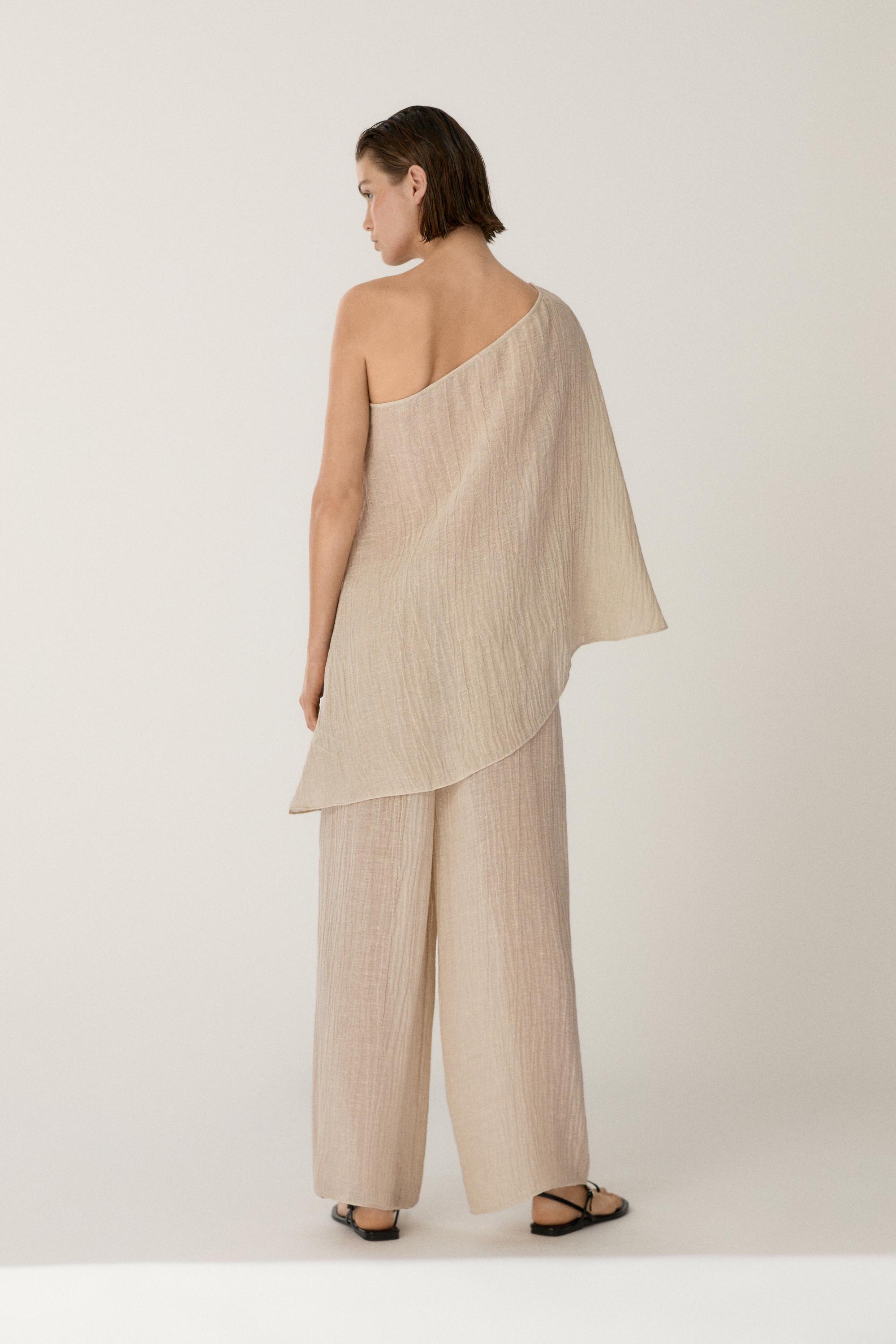 Total look flowing waffle-knit linen blend trousers — BEIGE MARL