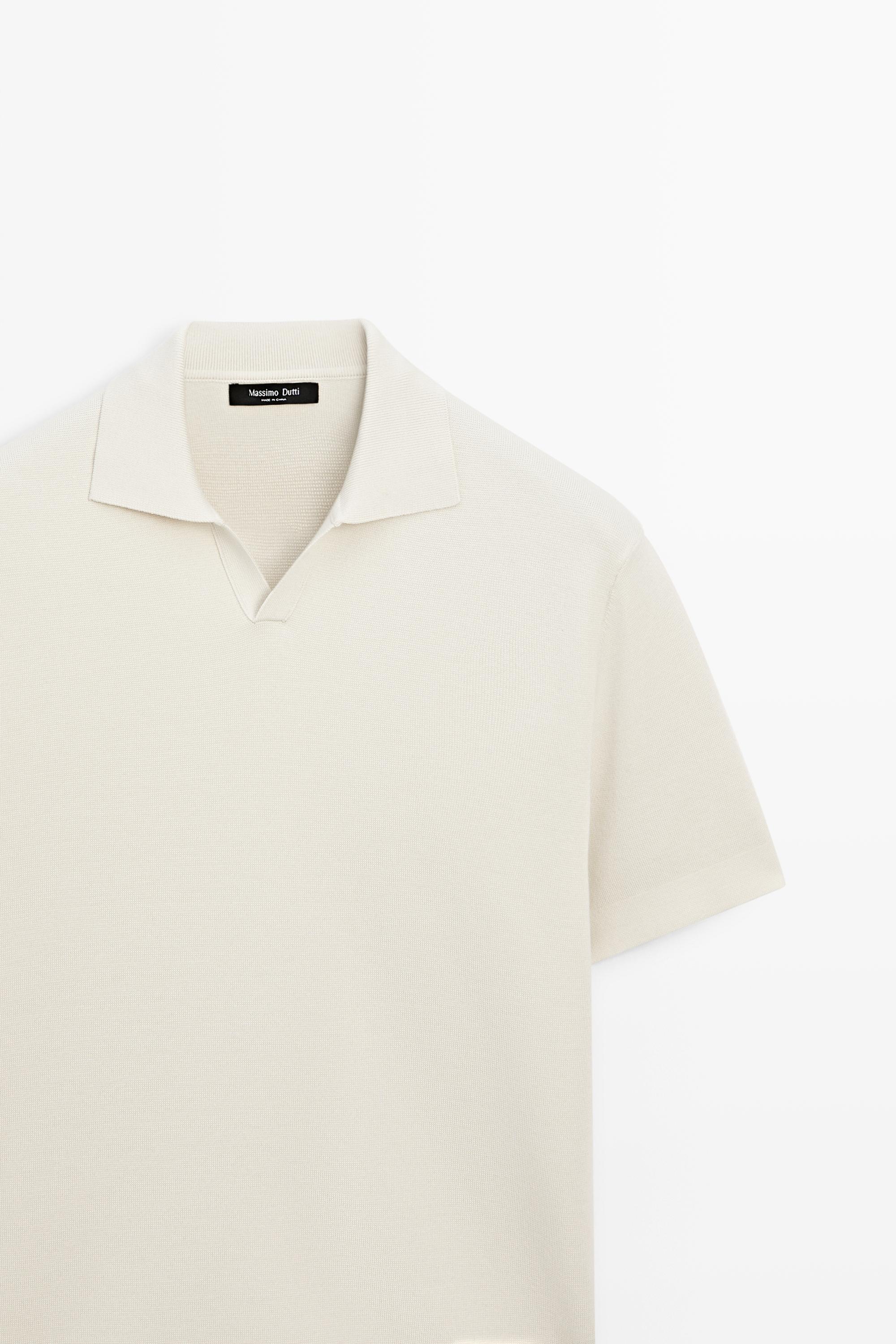 Flowing cotton blend knit polo shirt — CREAM