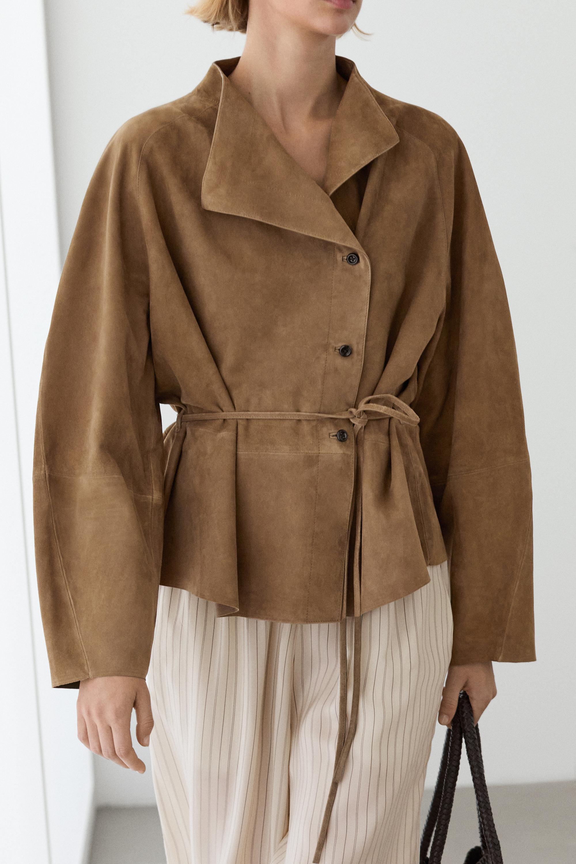 Suede leather jacket with drawstring — SAND
