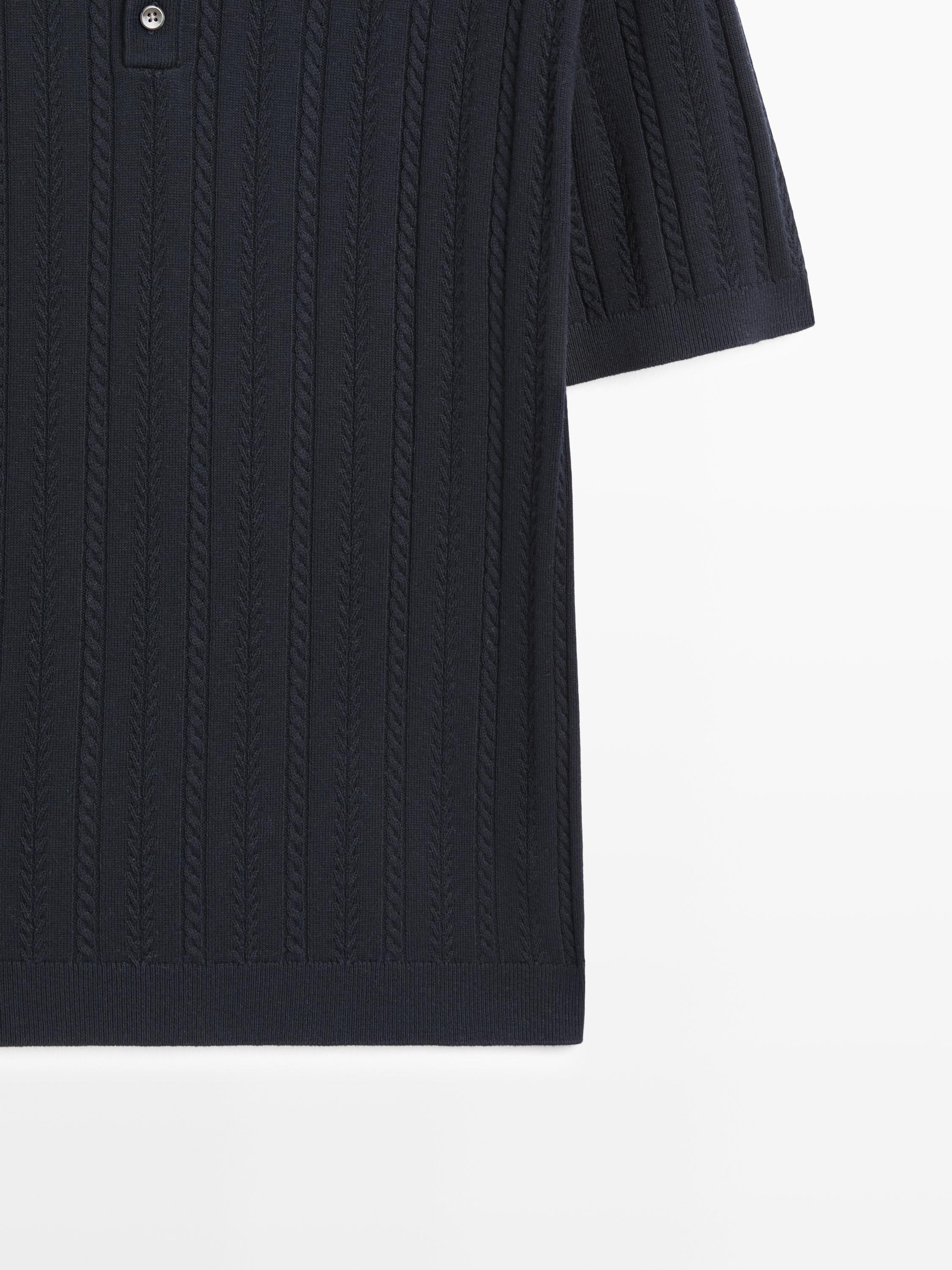 Cotton blend cable-knit polo sweater — NAVY BLUE