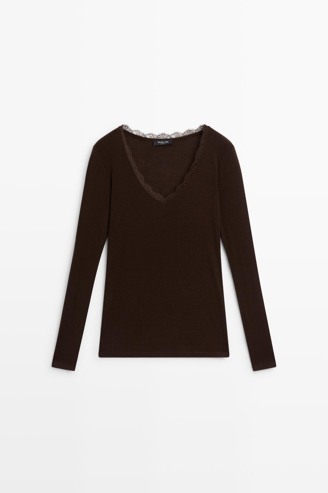 Long sleeve T-shirt with lingerie-inspired detail — BROWN