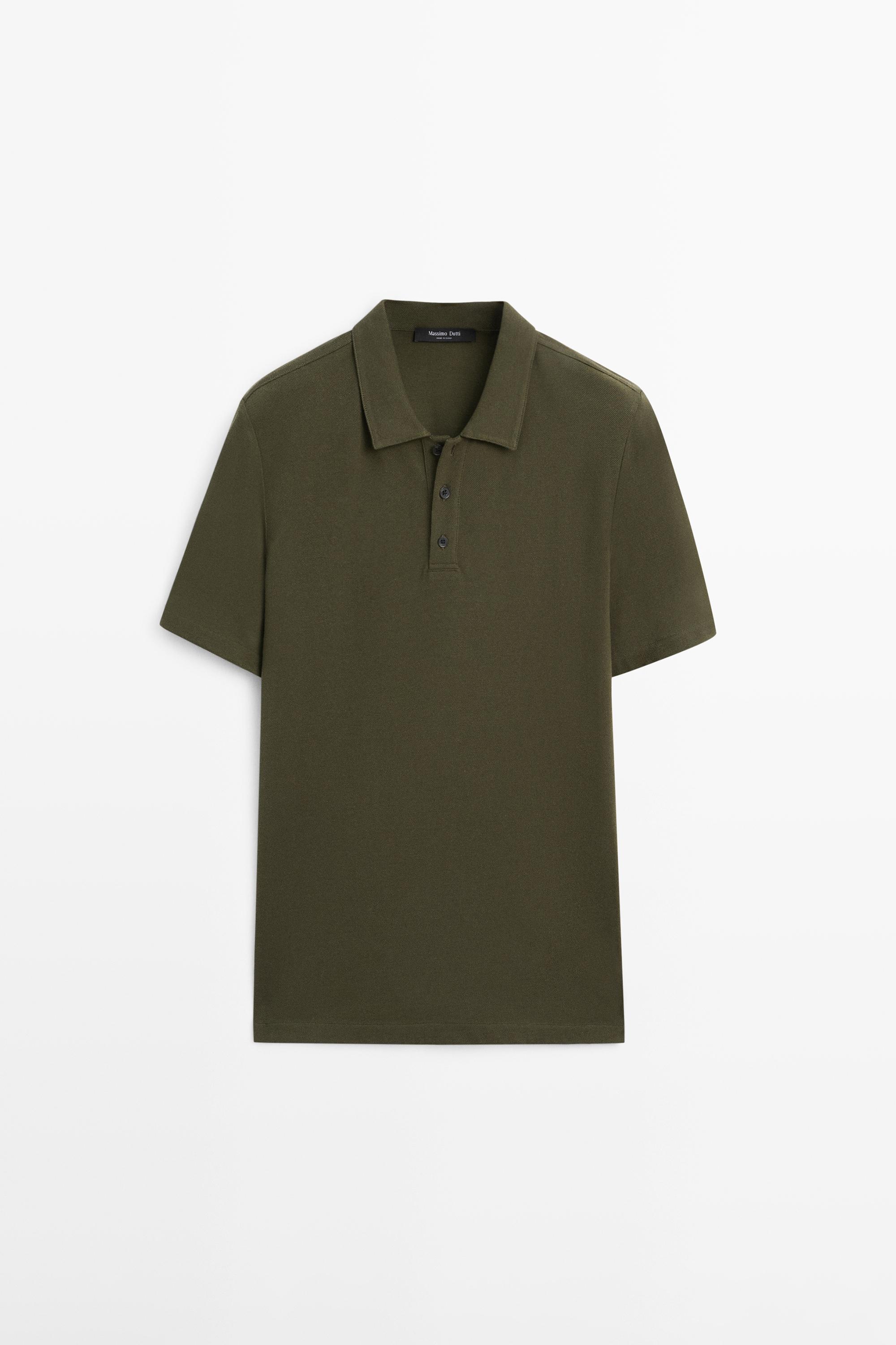 Micro-textured cotton blend polo shirt — DARK OLIVE GREEN