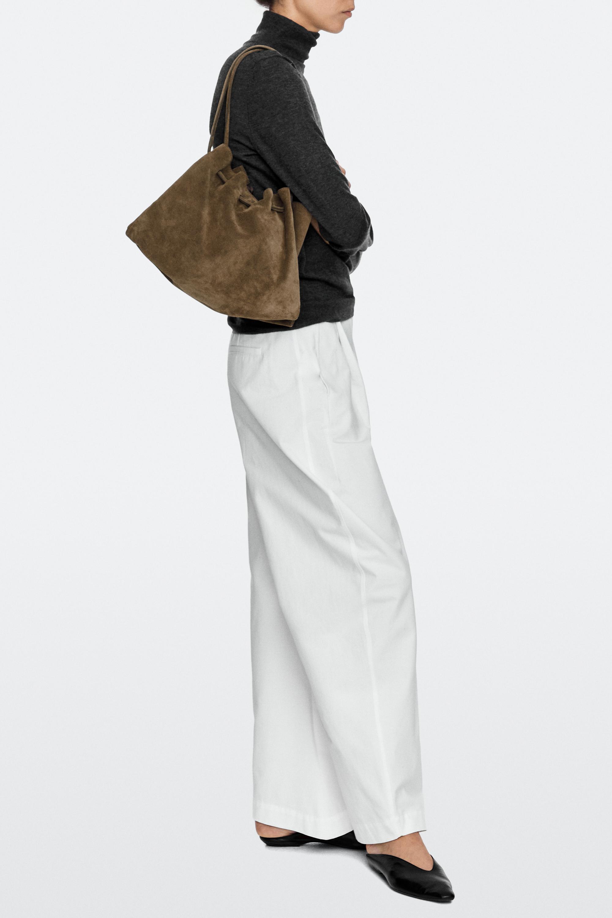 Ruched split suede leather bag — MOLE BROWN
