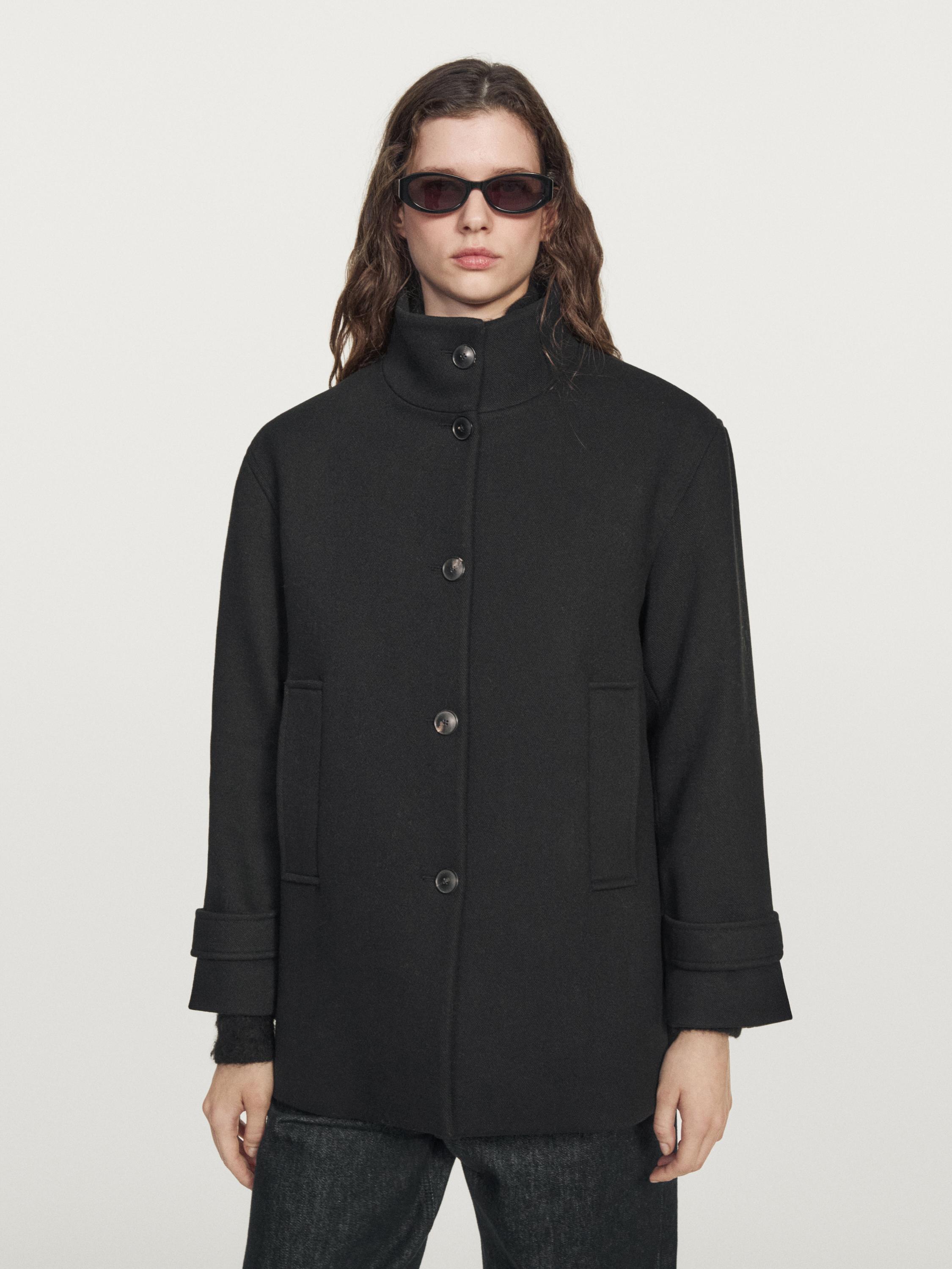 Wool blend high neck coat with button fastening — BLACK
