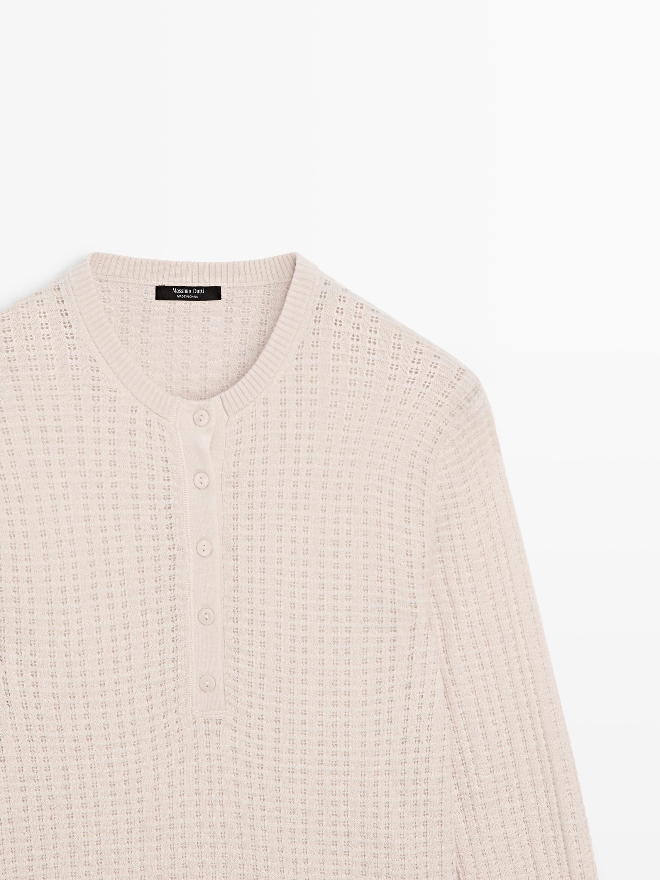 Cutwork wool blend henley sweater — CREAM