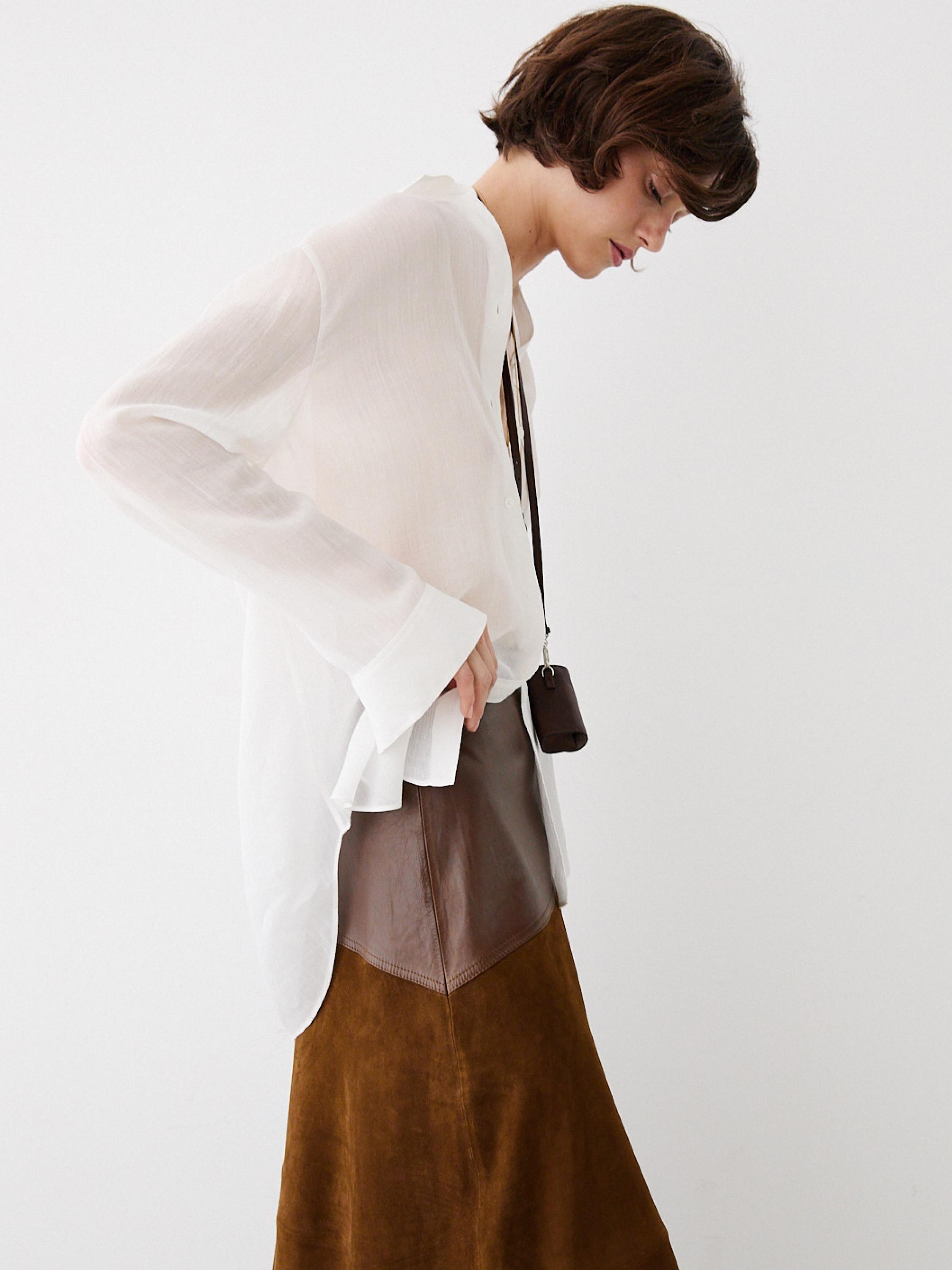Suede nappa leather skirt with asymmetric yoke — BROWN