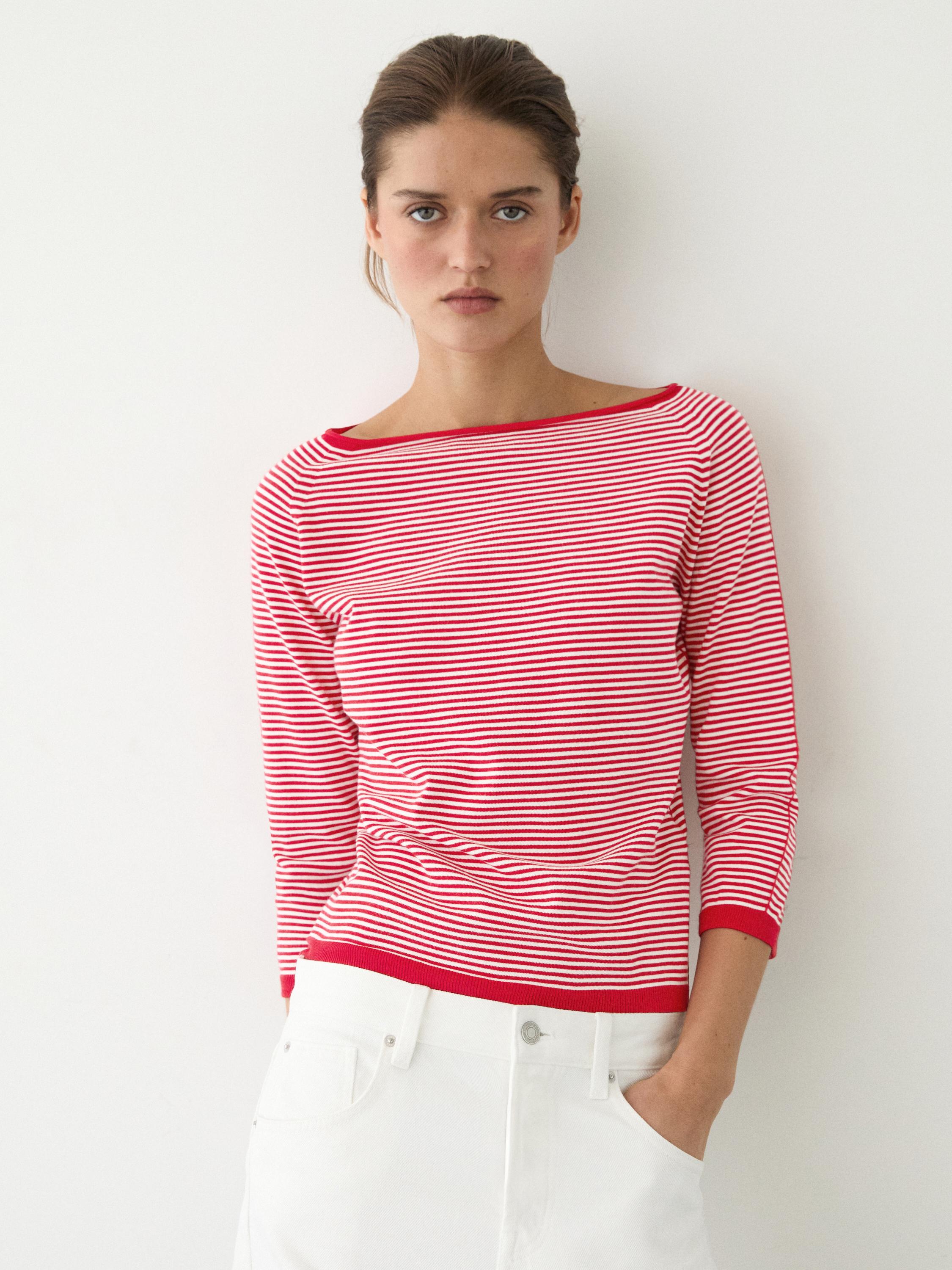 100% cotton striped knit sweater — RED