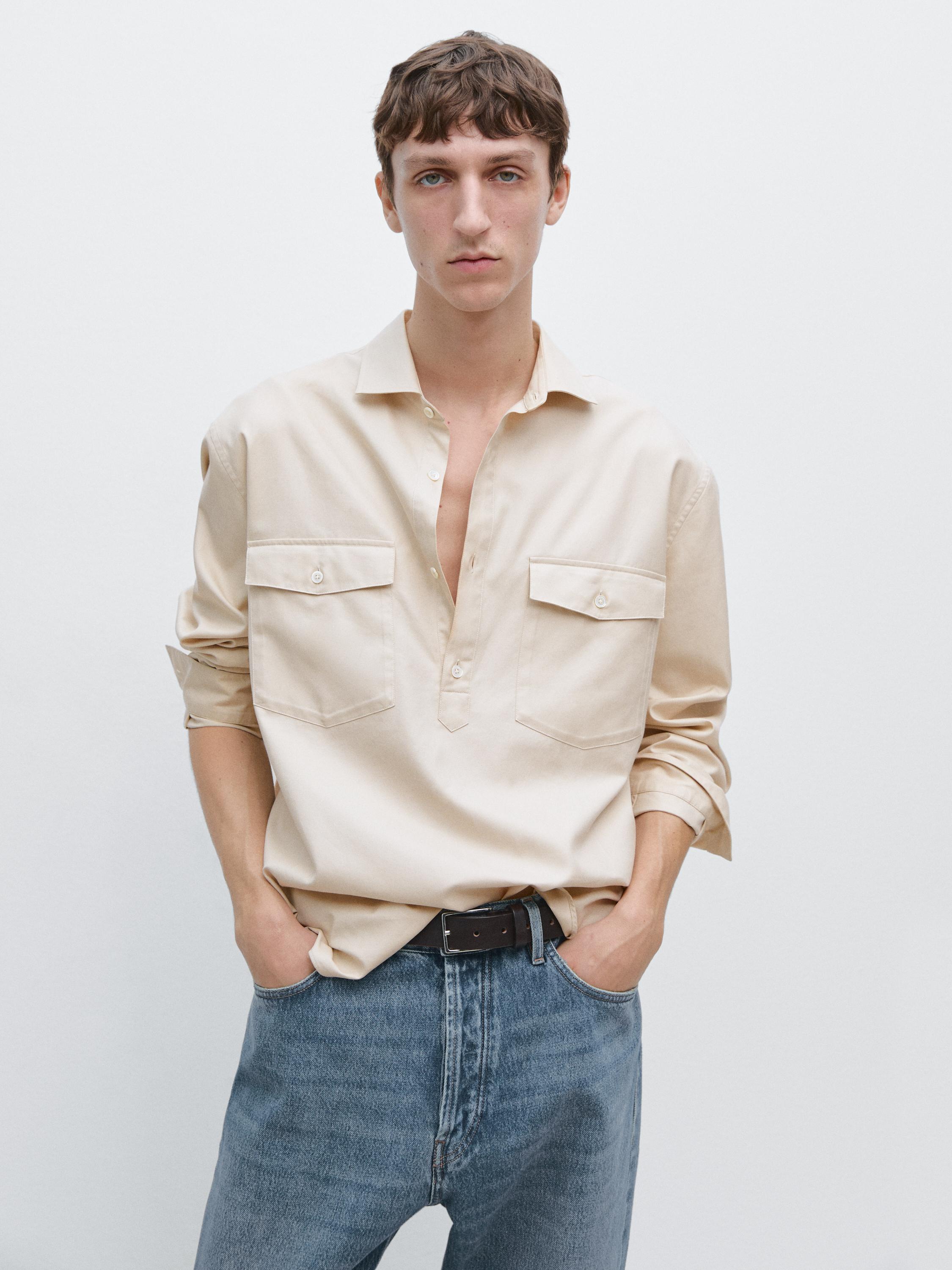 Cotton shirt with pockets — BEIGE