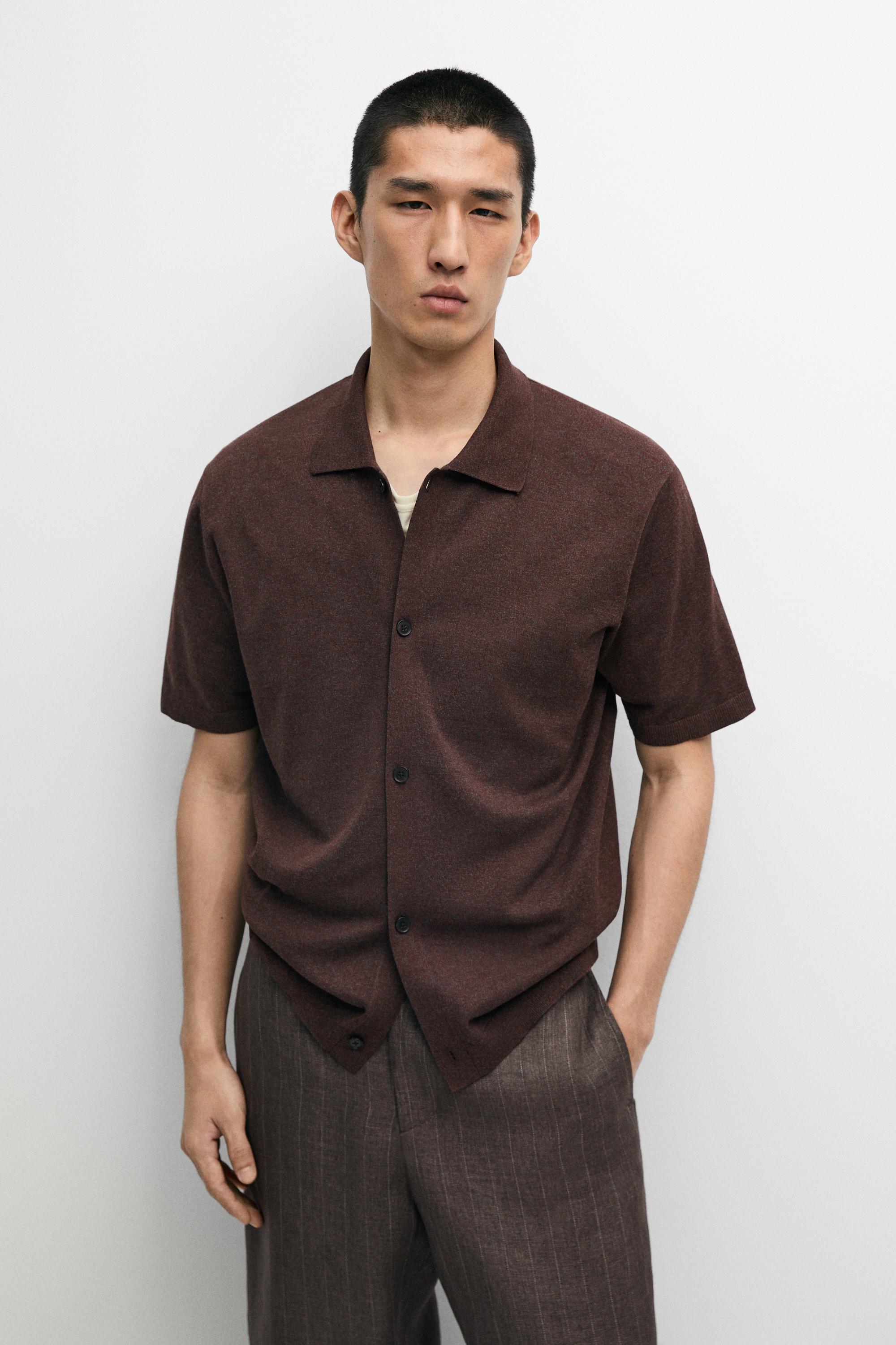 Short sleeve button-up knit cardigan — MAHOGANY