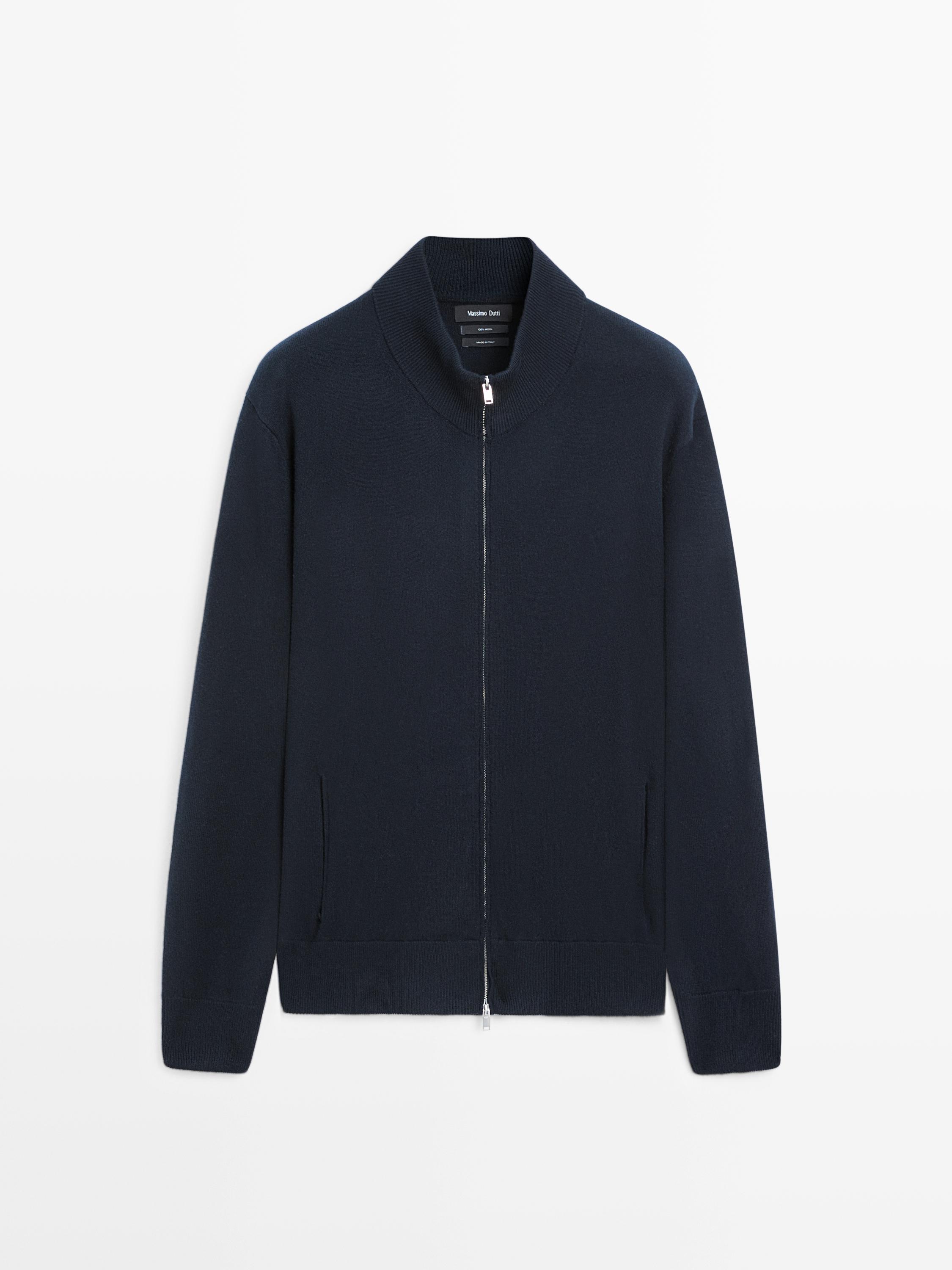 Wool zip-up knit cardigan — NAVY BLUE