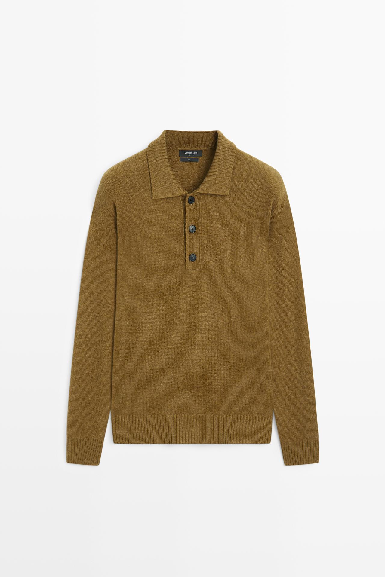 100% wool knit polo sweater with button detail — FADED GREEN
