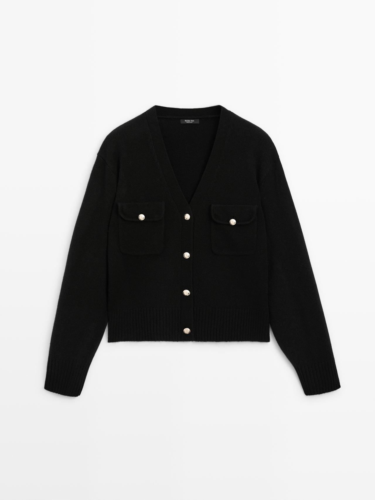 Massimo Dutti - Dame - Strikket Cardigan Med V-Udskæring Og Guldknapper - Sort - L