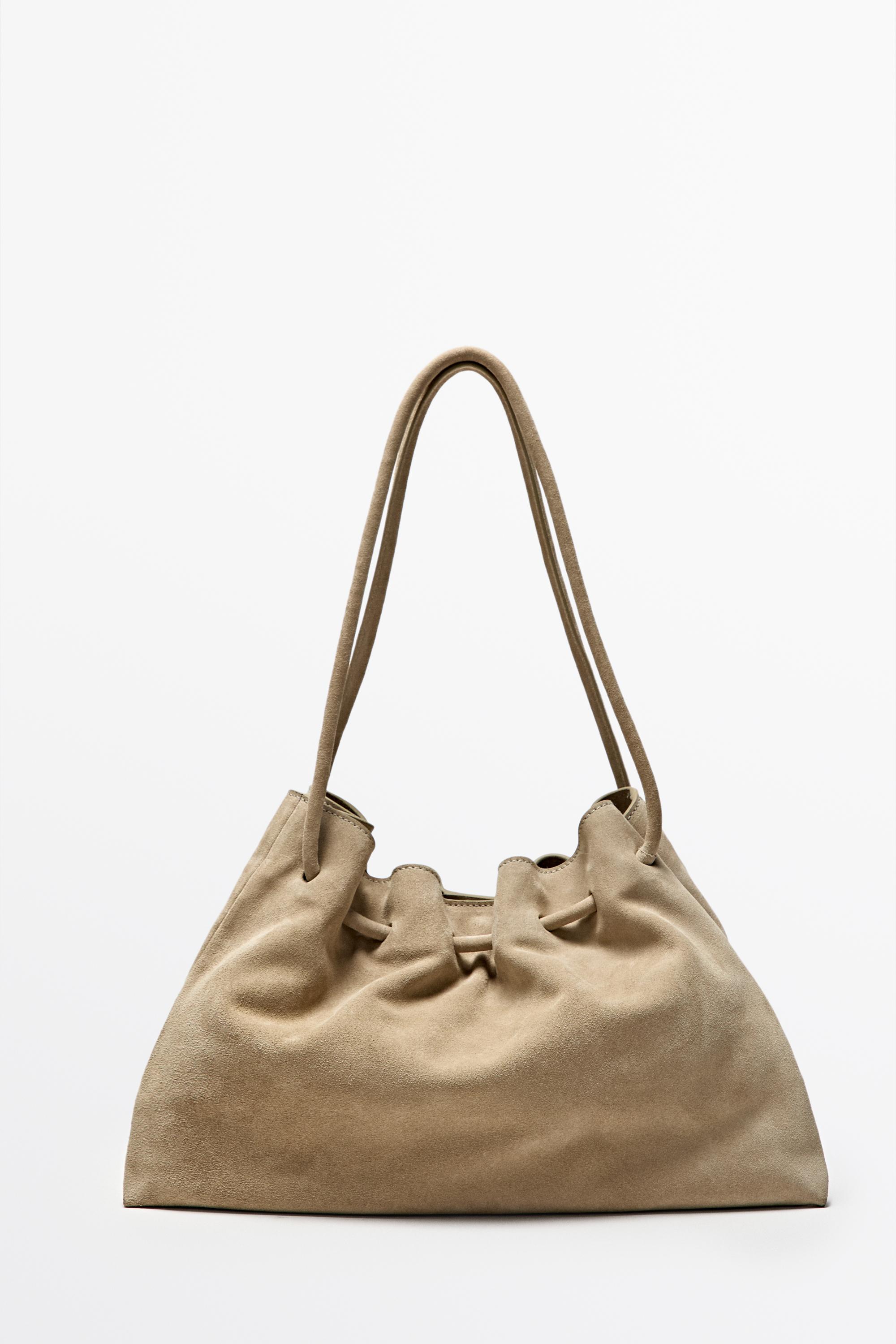 Ruched split suede leather bag — Ecru
