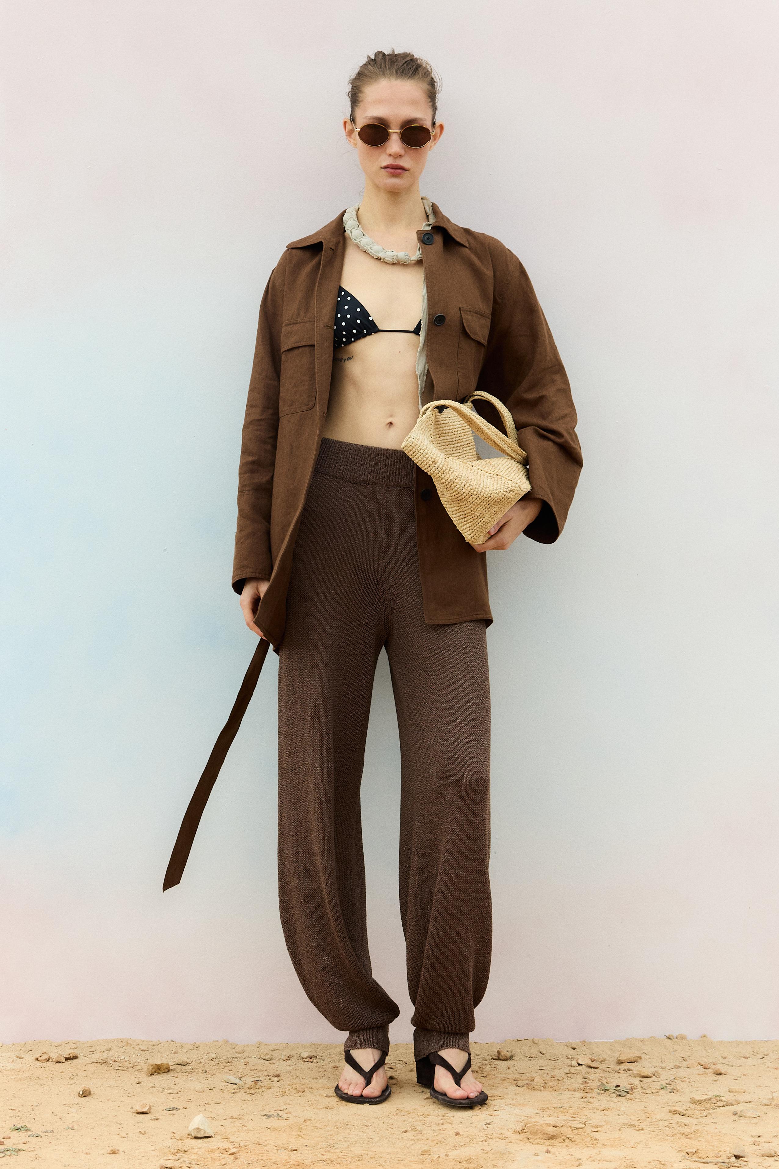 100% linen blazer with pockets and belt detail — BROWN