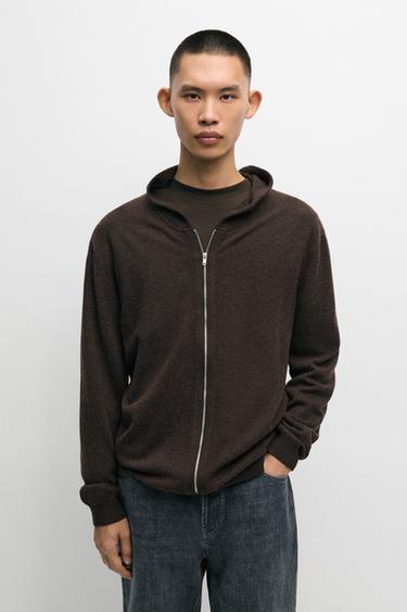Wool-blend knit hooded cardigan — BROWN MARL 3