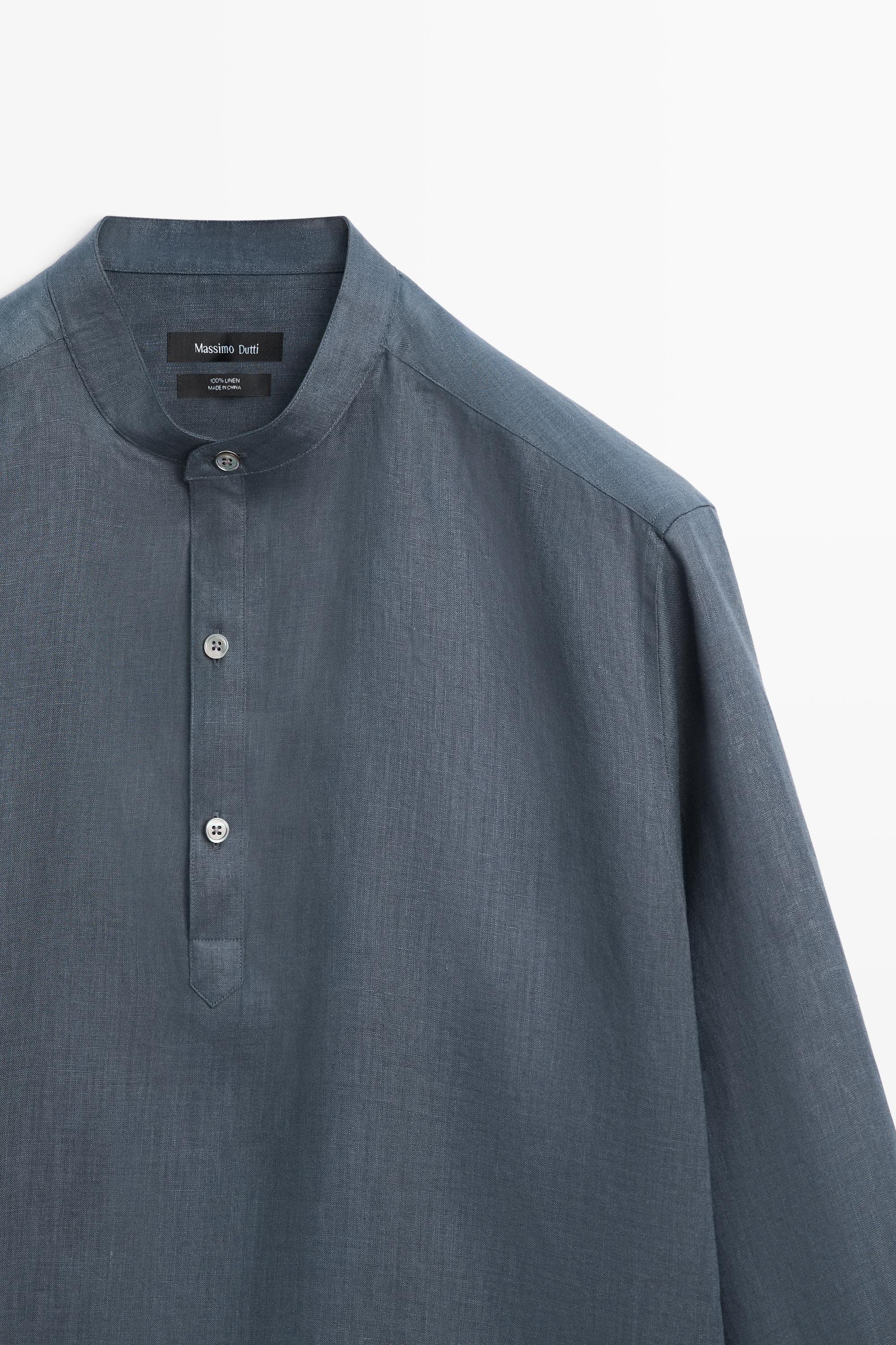 Regular fit stand collar 100% linen shirt — PETROLEUM