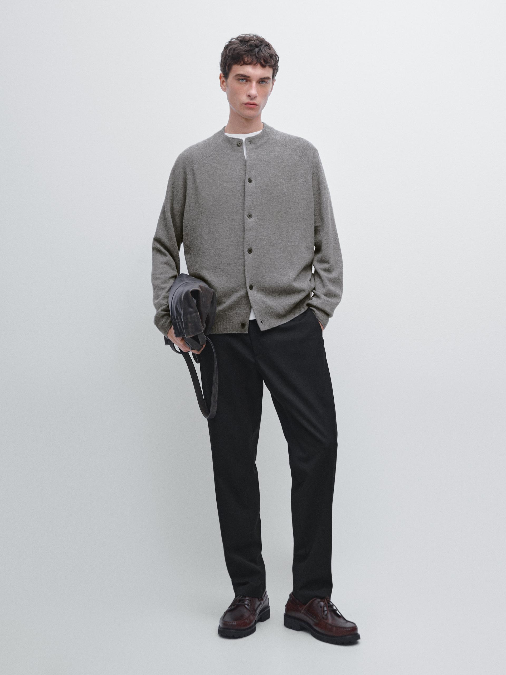 Cardigan De Malha Com Manga Raglã - Cinza Antracite - M - Massimo Dutti - Homem