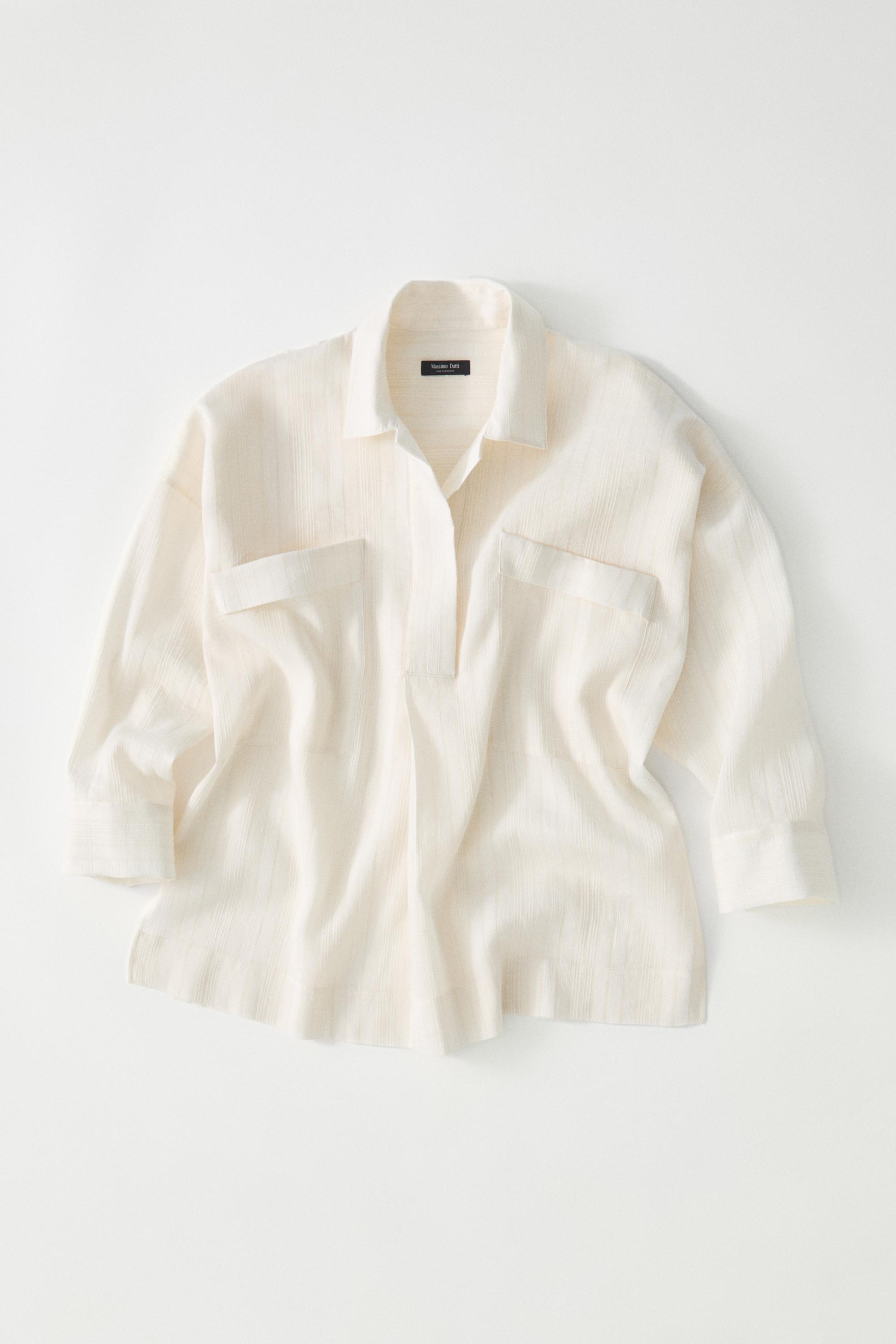 Flowing linen and cotton shirt with opening — Off white