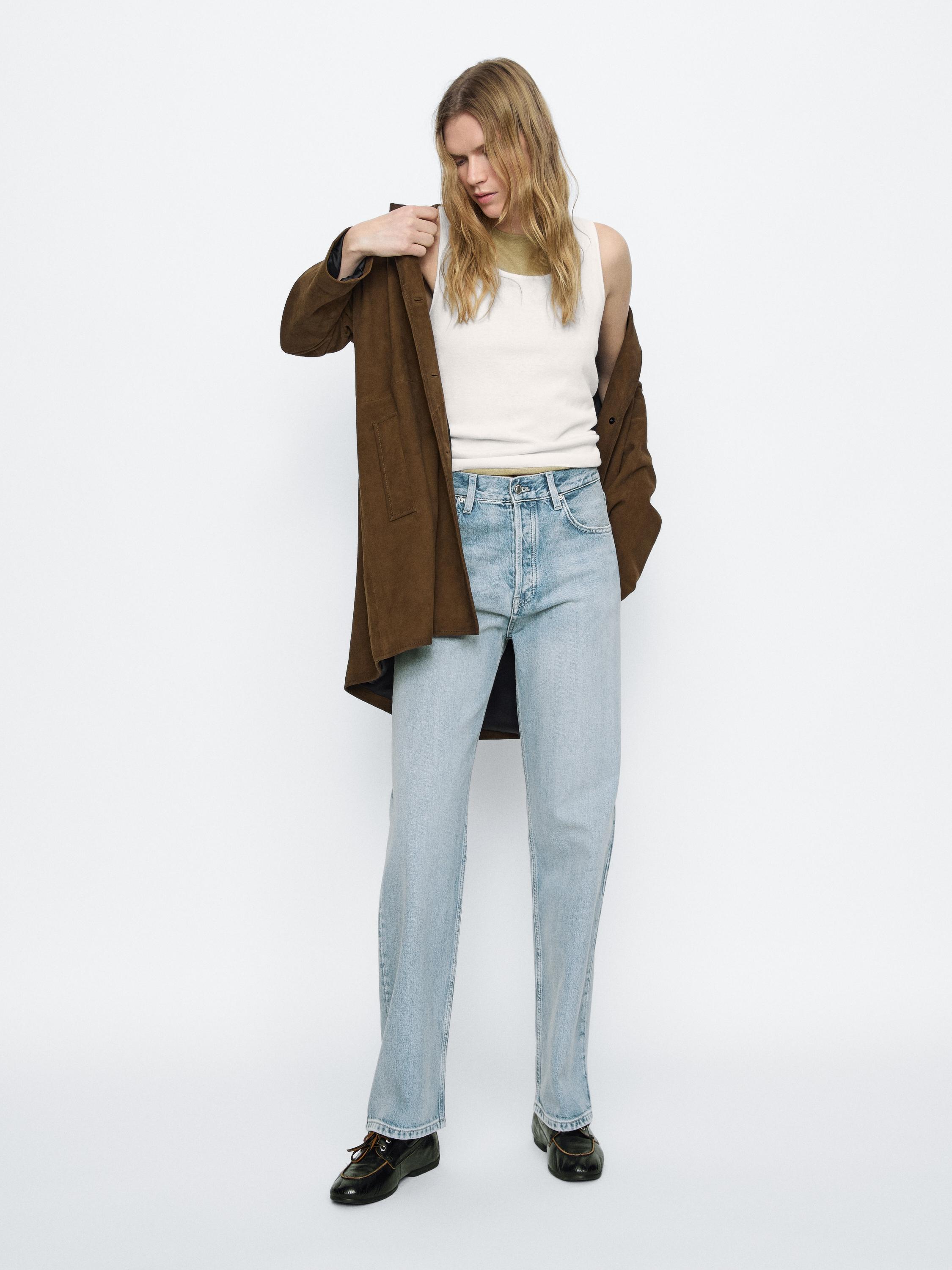 Cotton blend high-waist straight-leg jeans