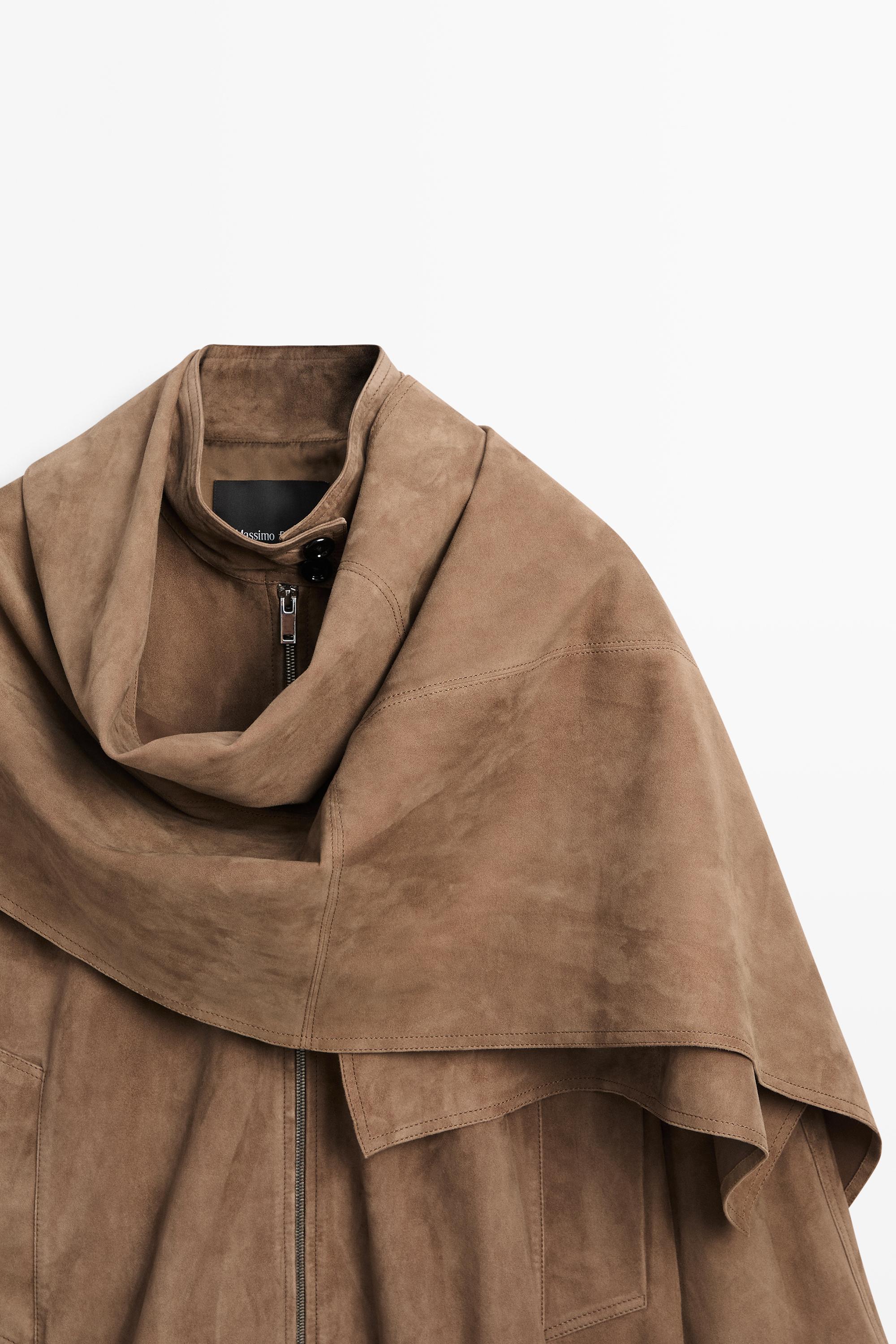 Suede leather bomber jacket with scarf detail — MOLE BROWN