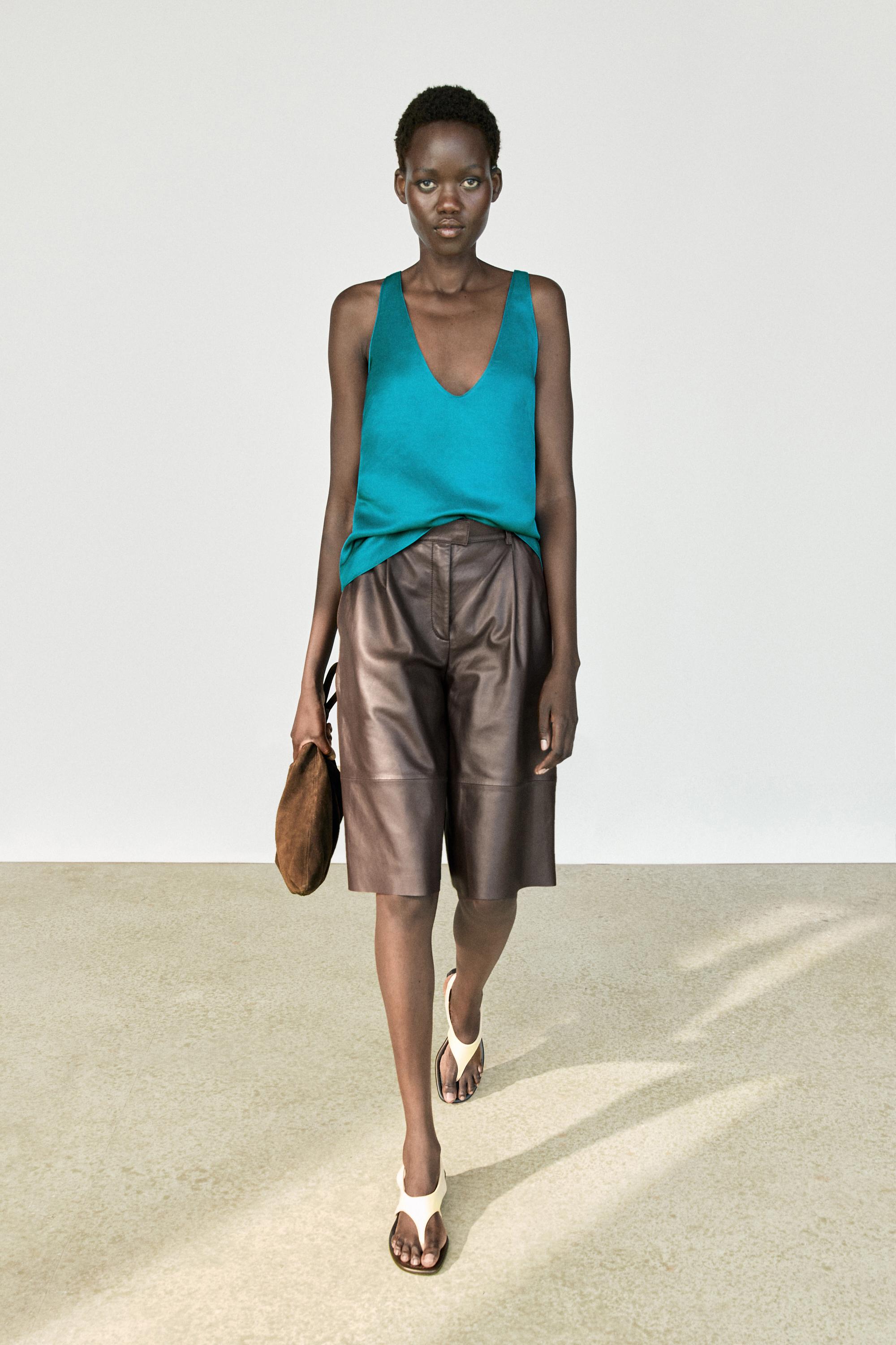 Satin linen blend V-neck top