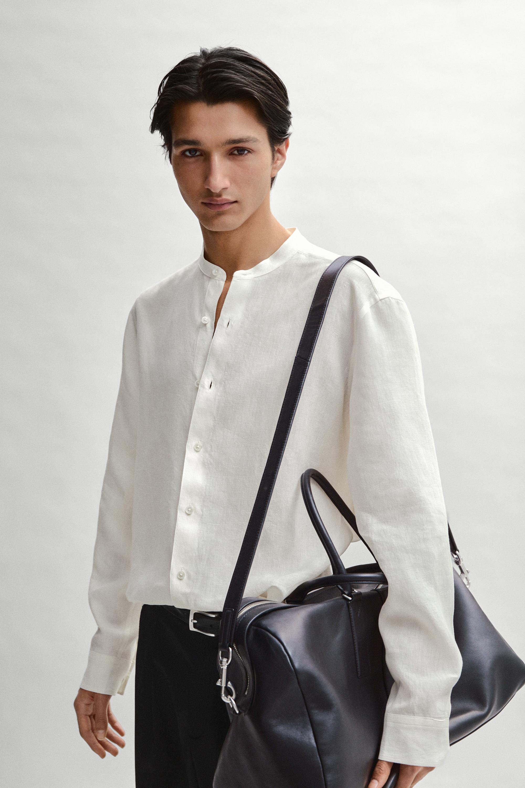 100% linen regular fit shirt with stand collar — CREAM