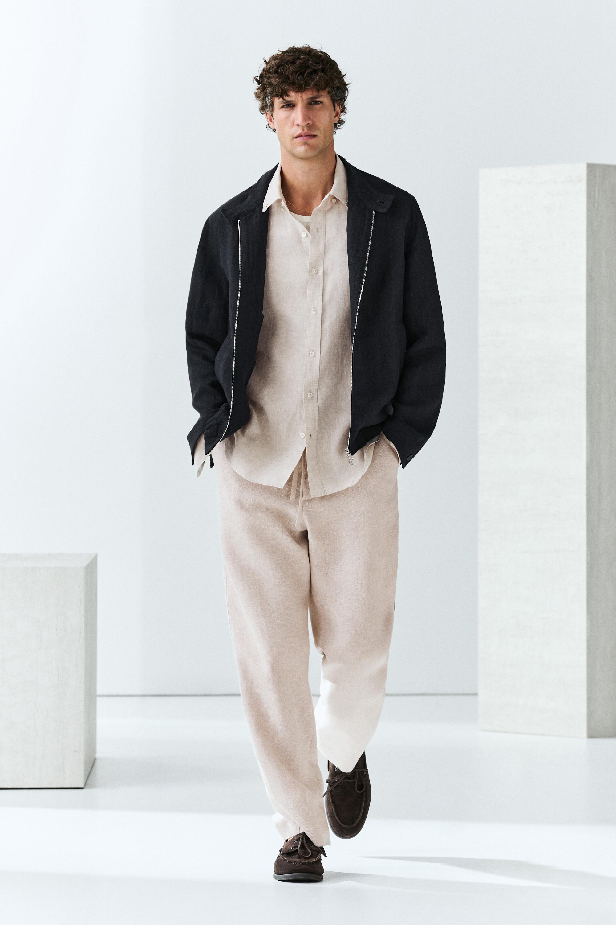 100% linen banded collar jacket — NAVY BLUE