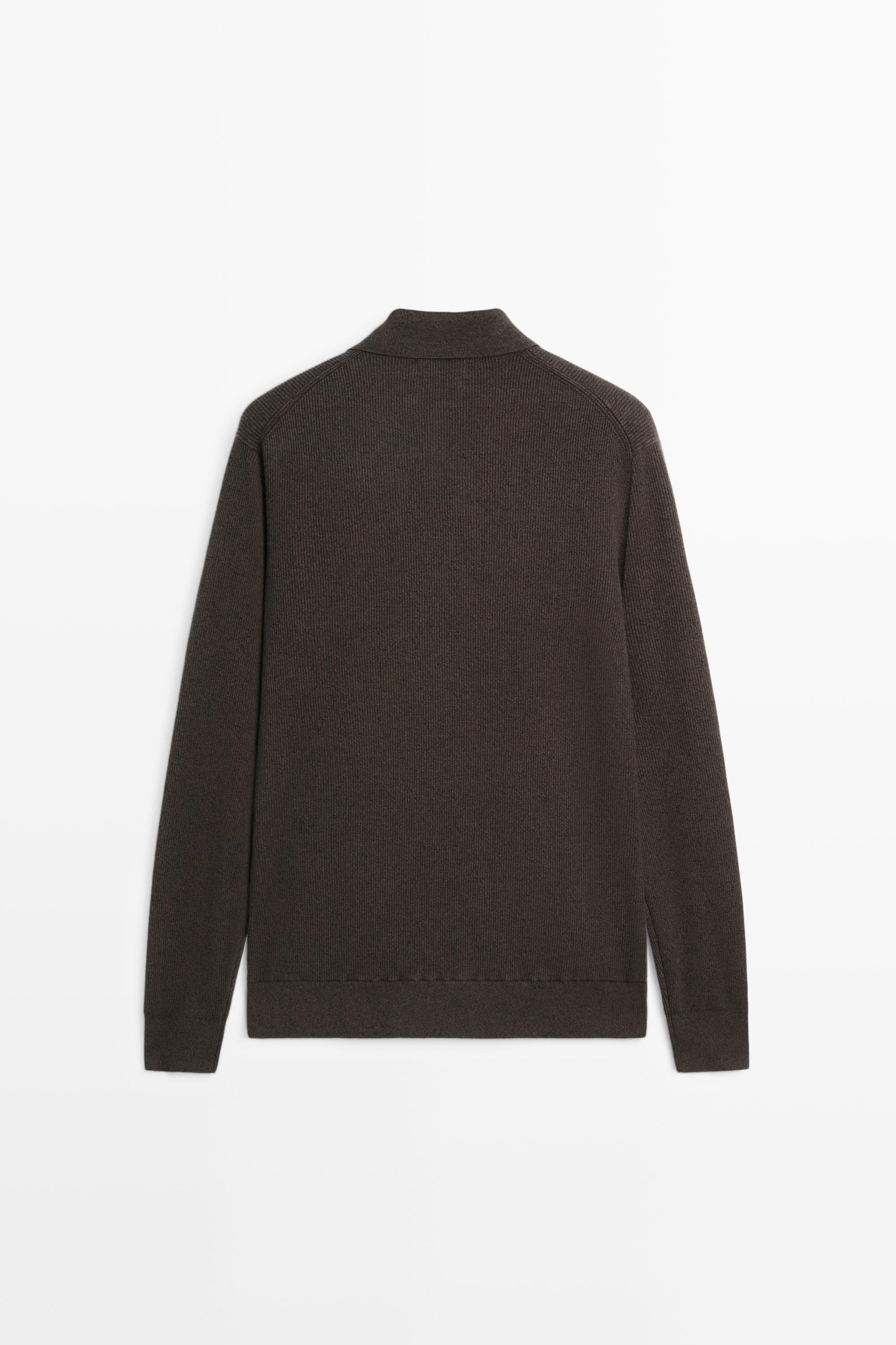100% cotton polo collar knit cardigan — BROWN