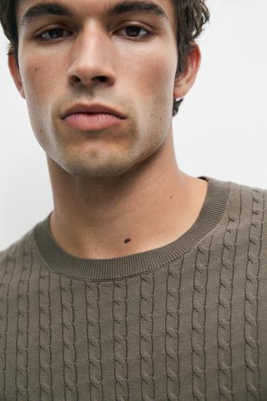 Cable-knit short sleeve sweater — Faded khaki 8