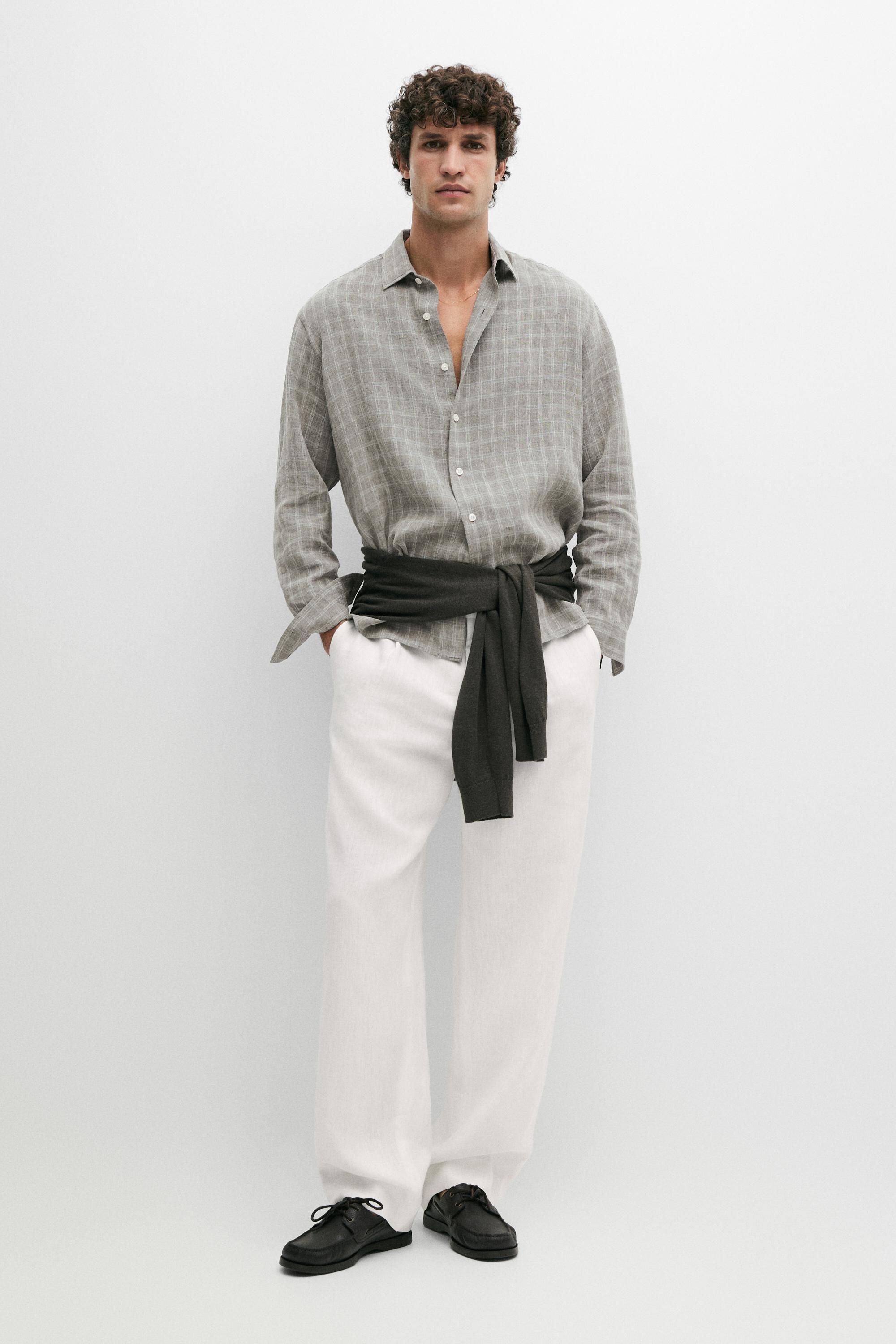 100% linen check shirt — GREY