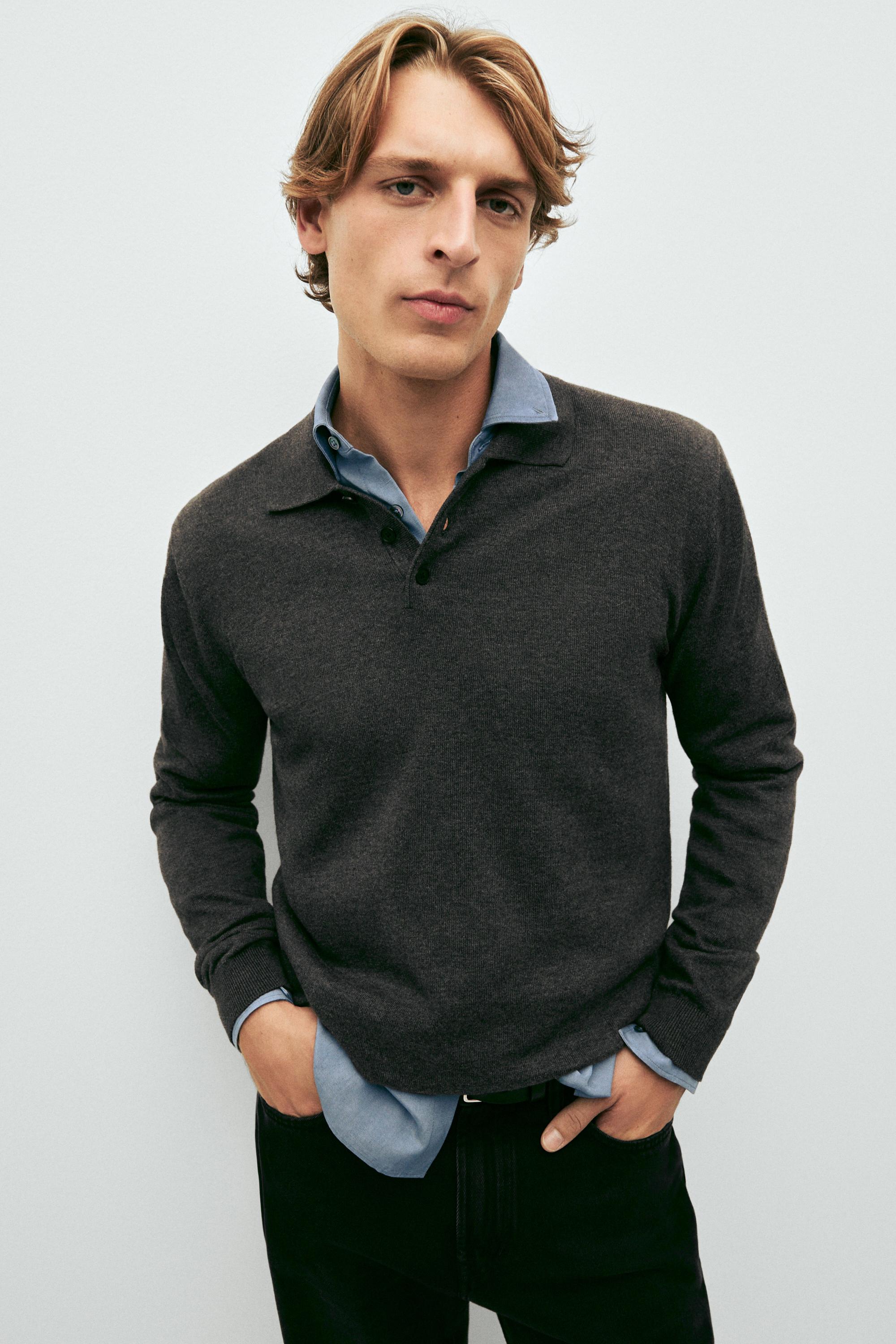 100% cotton knit polo sweater — CHARCOAL