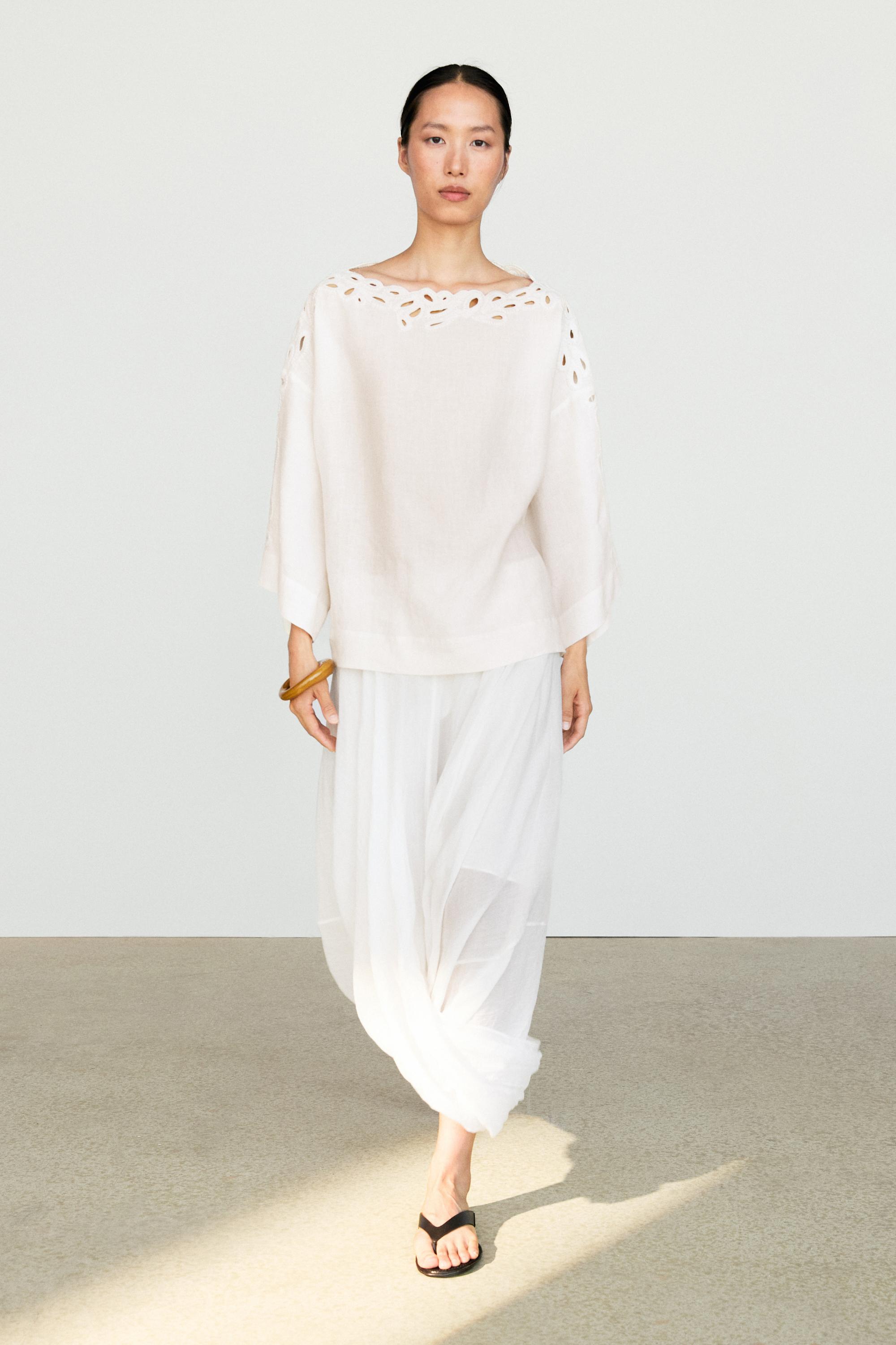 Linen boat neck blouse with embroidery — CREAM