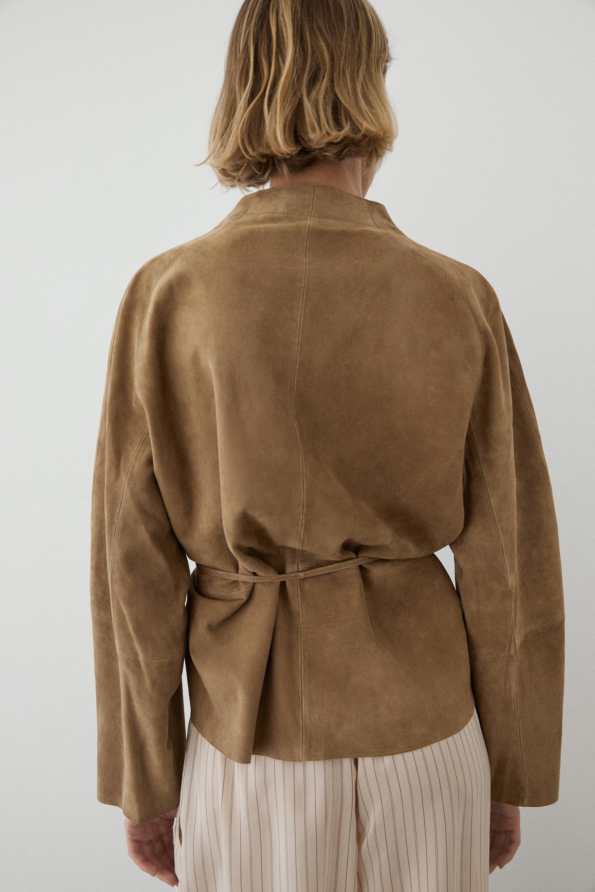 Suede leather jacket with drawstring — SAND