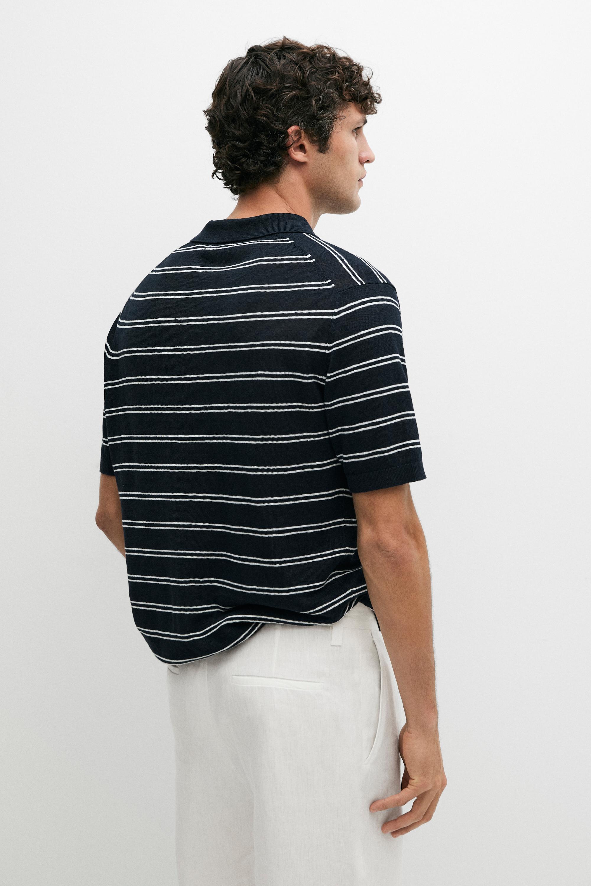 Striped 100% linen V-neck polo shirt — NAVY BLUE