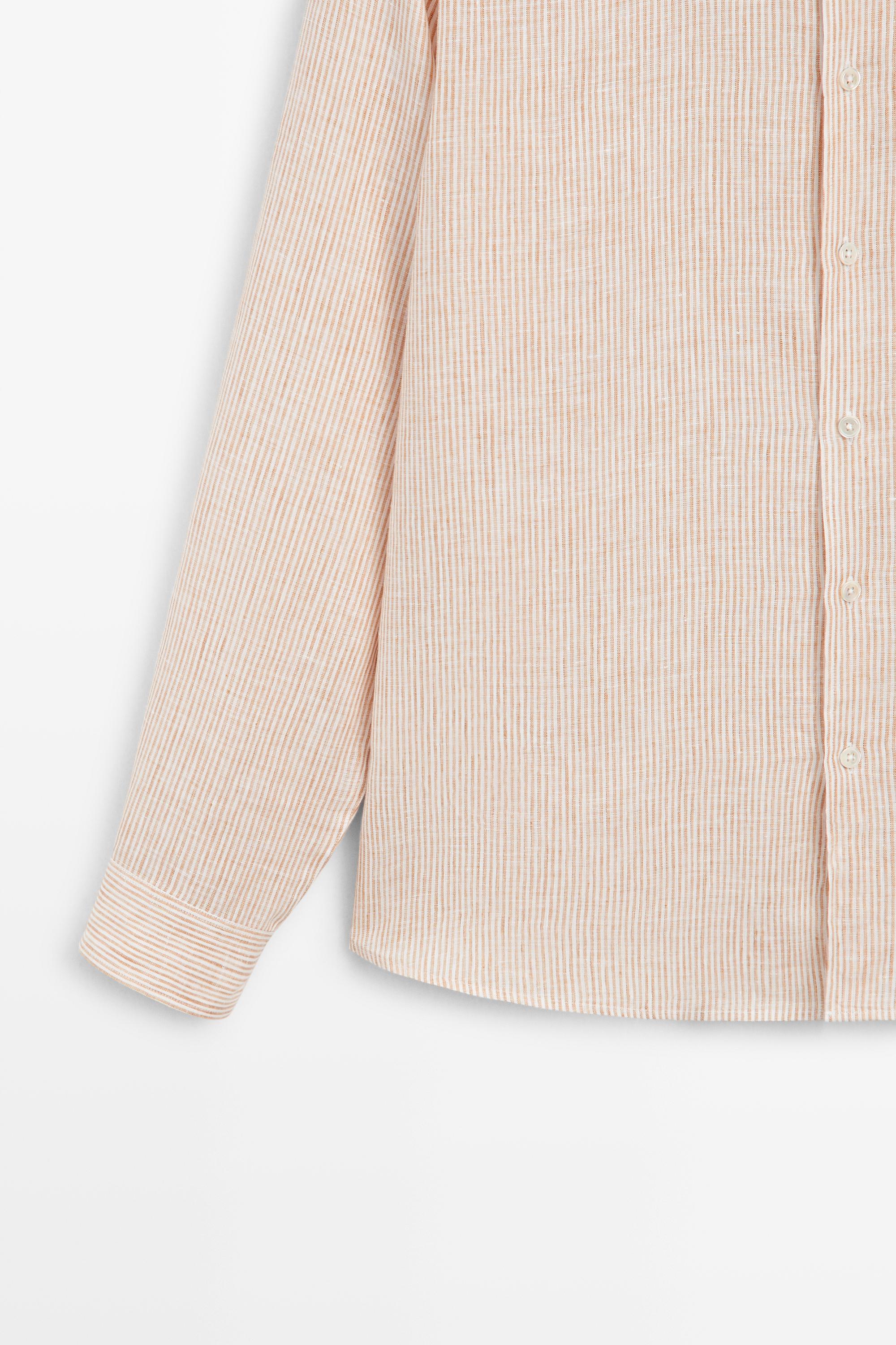 100% linen regular fit striped shirt — Light Beige