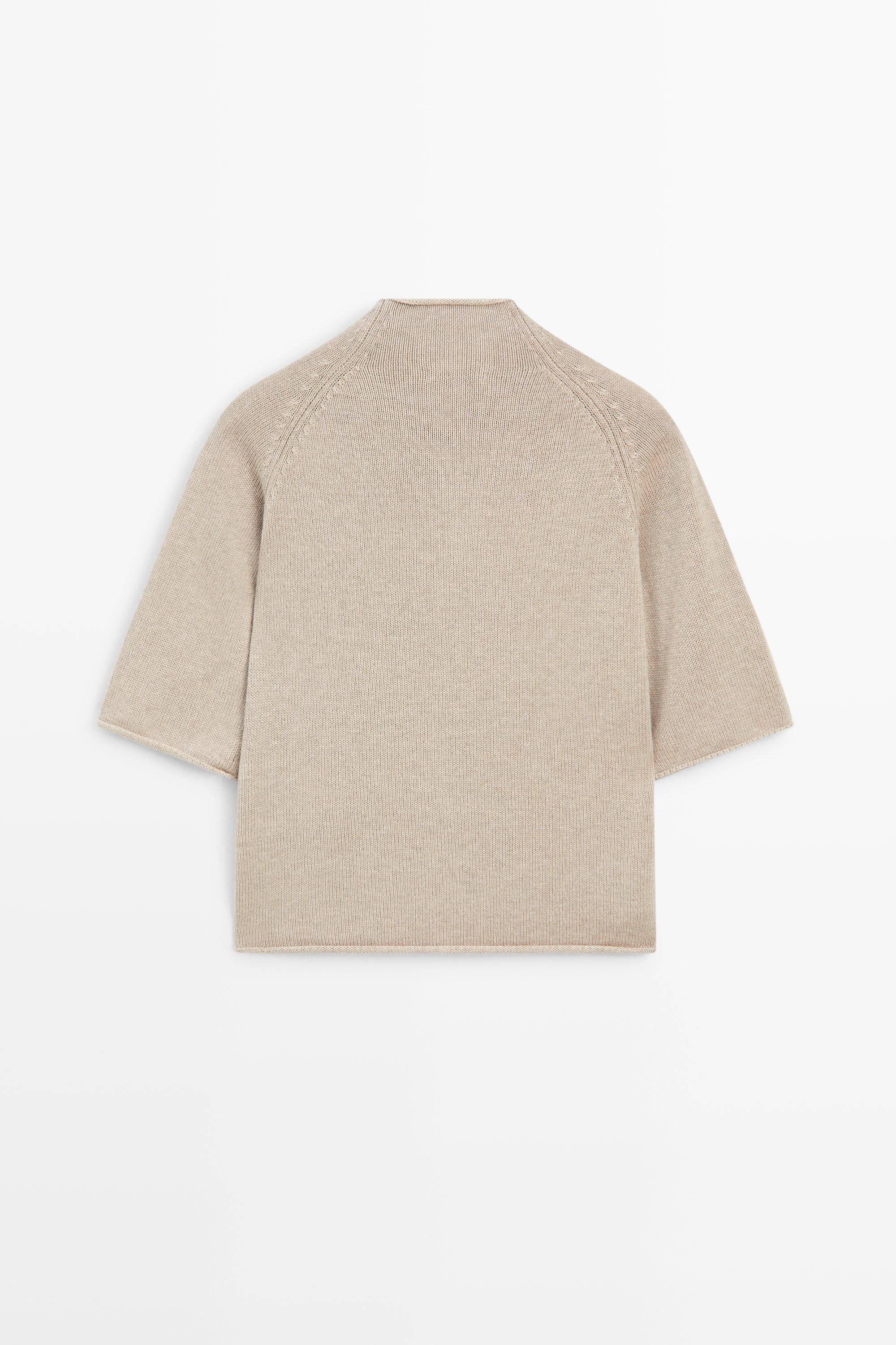 Cotton funnel neck knit cardigan — STONE