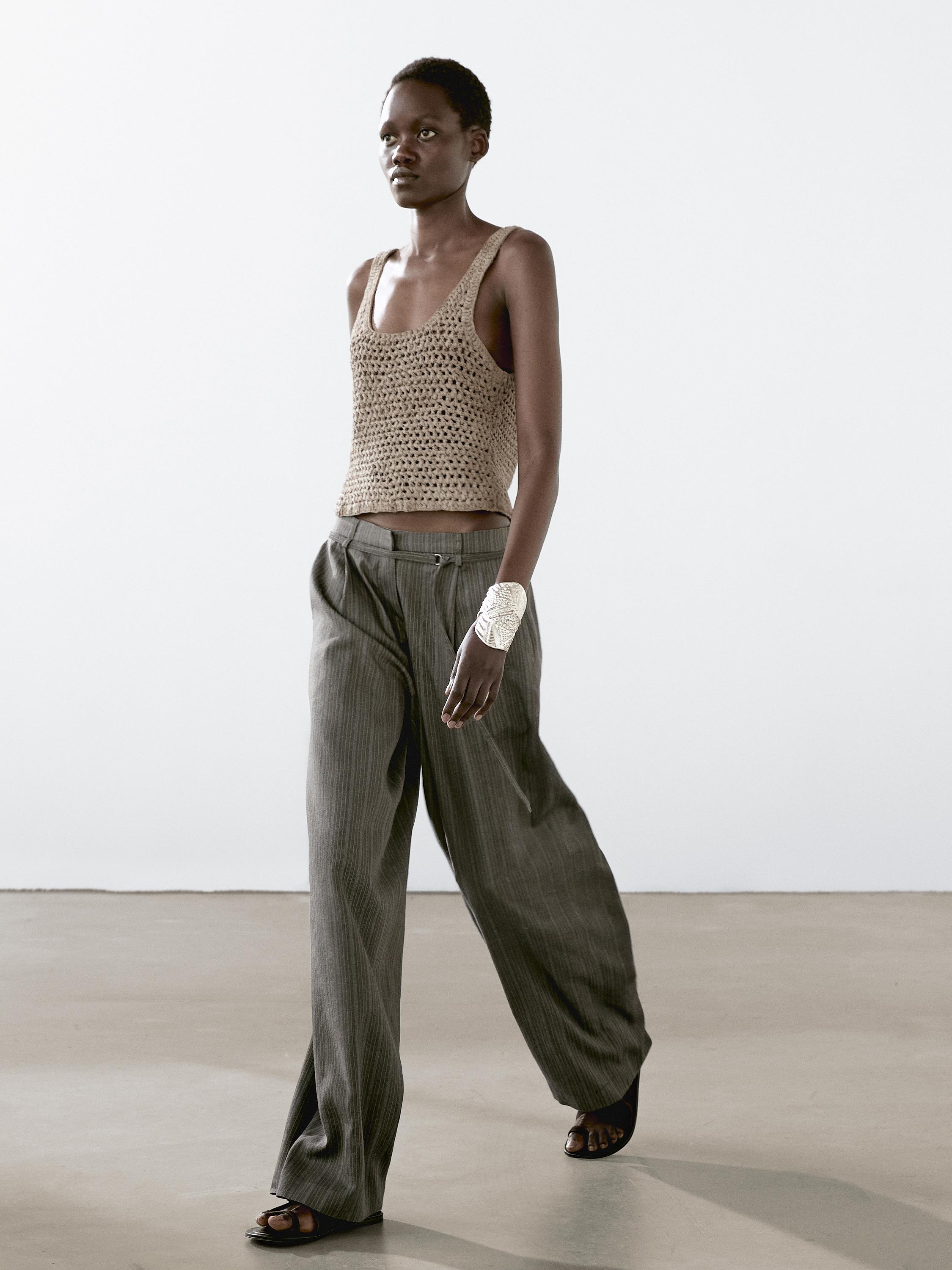 Multi-stripe trousers with belt detail