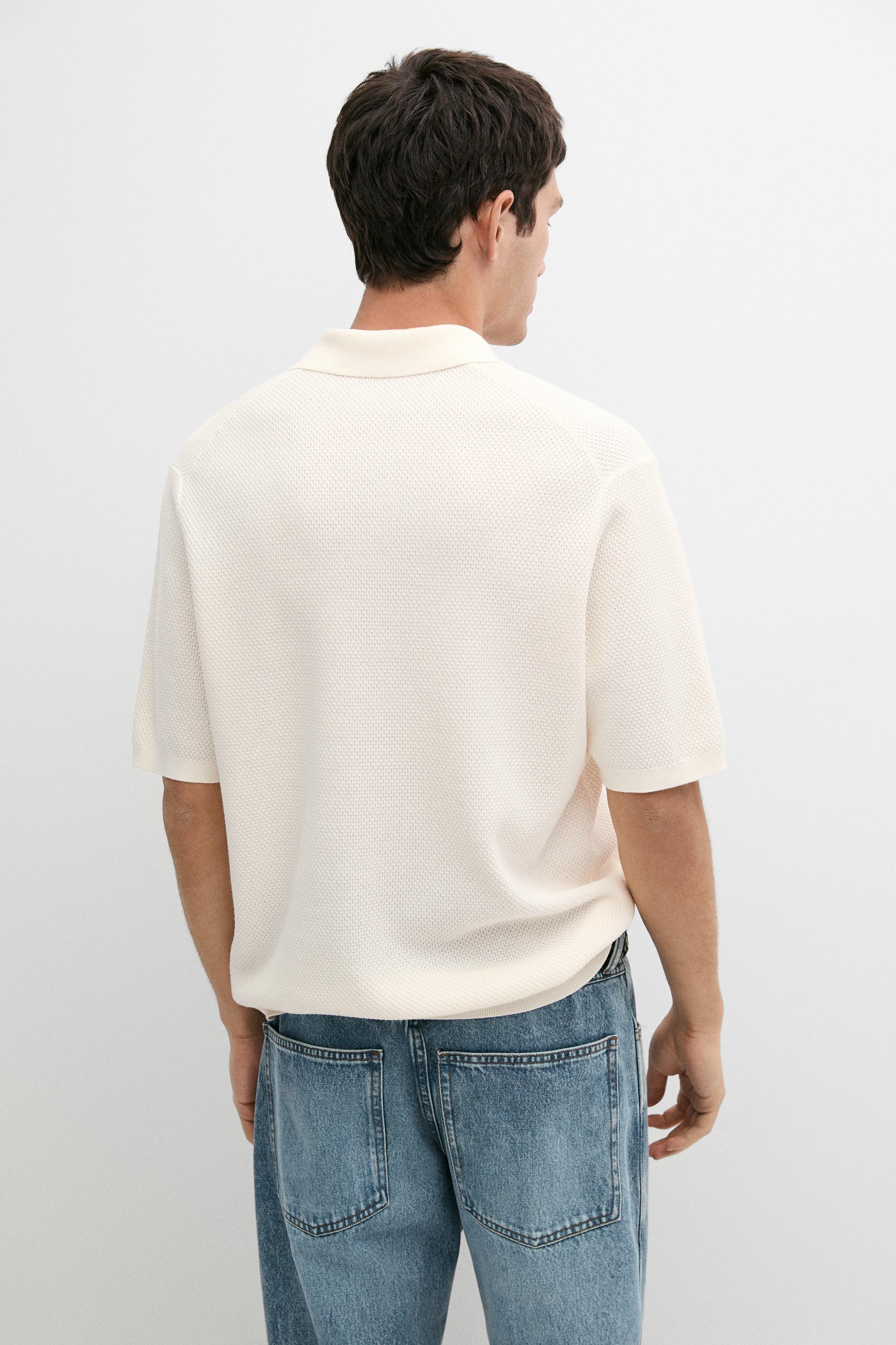 Cotton blend knit V-neck polo shirt — CREAM
