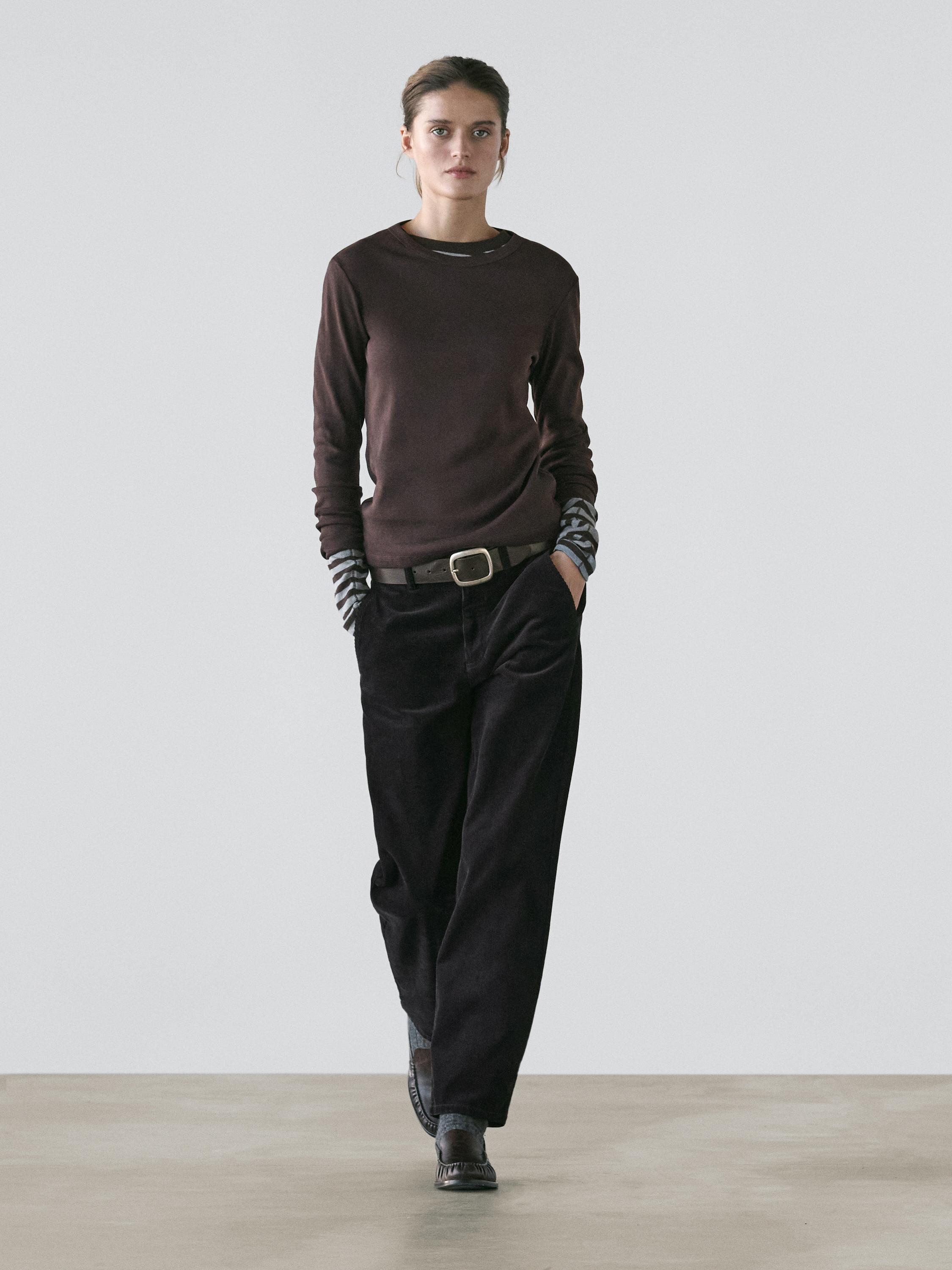 Ribbed long sleeve melange T-shirt — BROWN