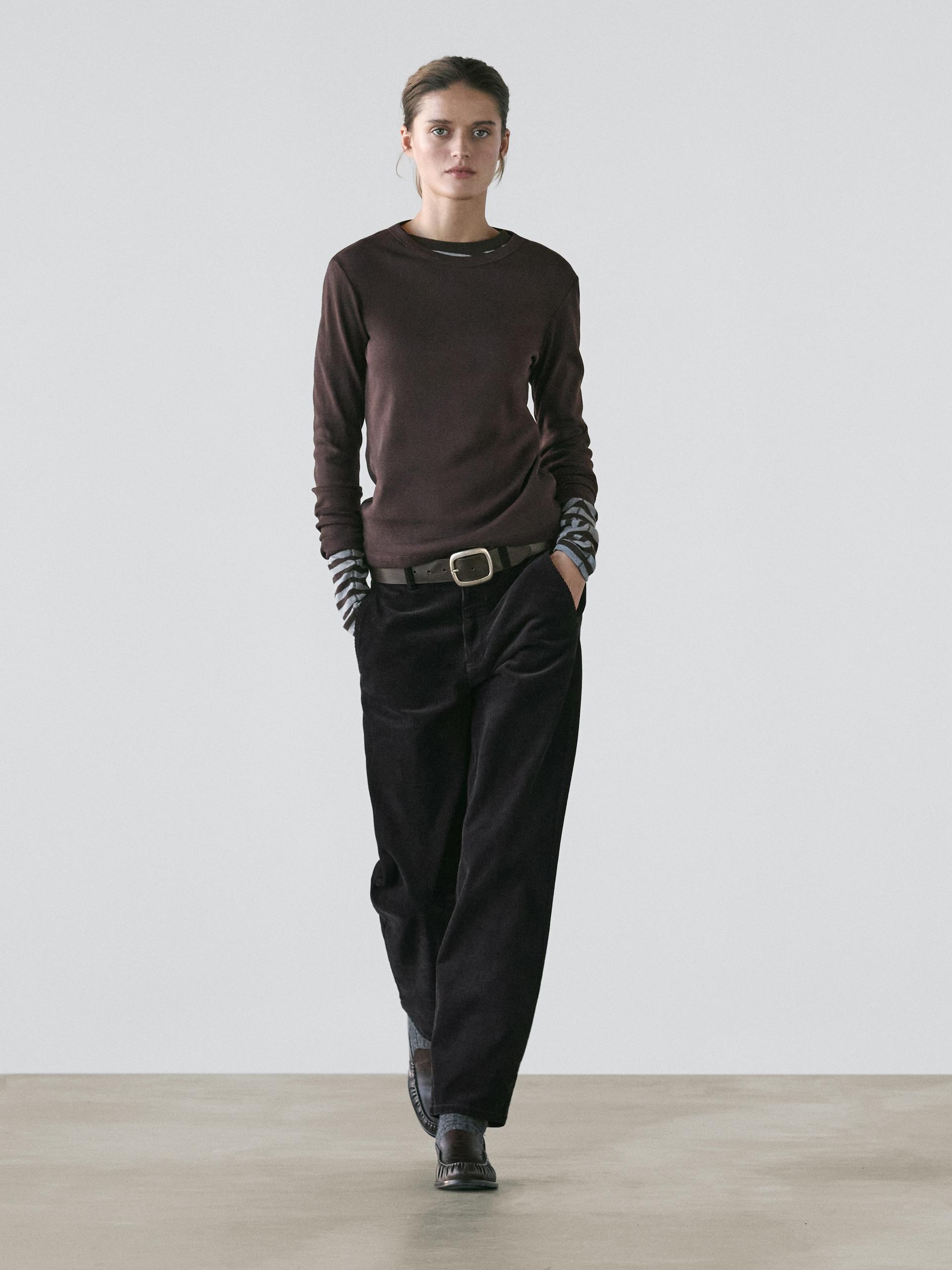 Maglietta A Maniche Lunghe A Coste Mélange - Marrone - Xs - Massimo Dutti - Femminile
